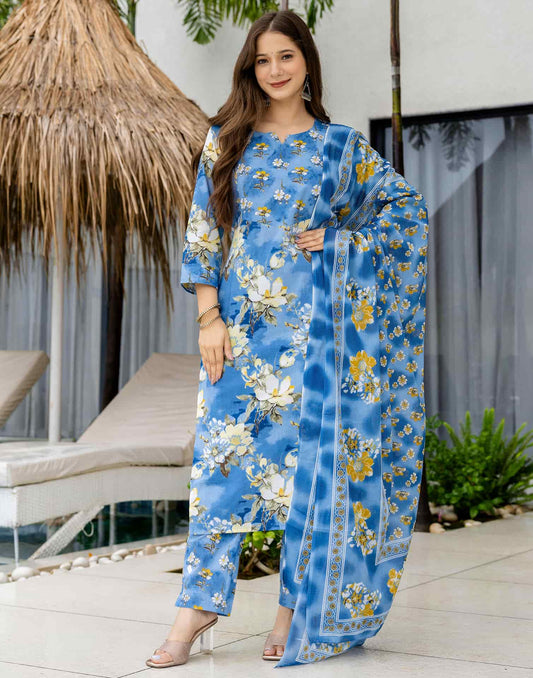 Affordable Blue Cotton Printed Straight Kurta Set with Pant & Dupatta under 799