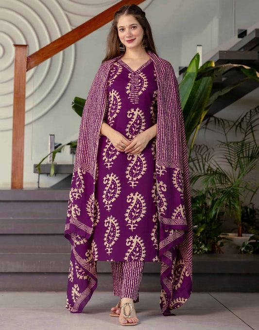 Affordable Purple Cotton Printed Straight Kurta Set with Pant & Dupatta