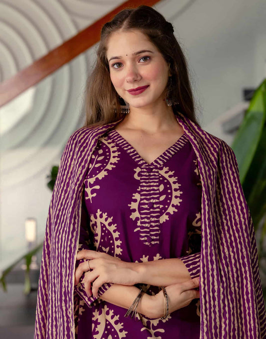 Affordable Purple Cotton Printed Straight Kurta Set with Pant & Dupatta