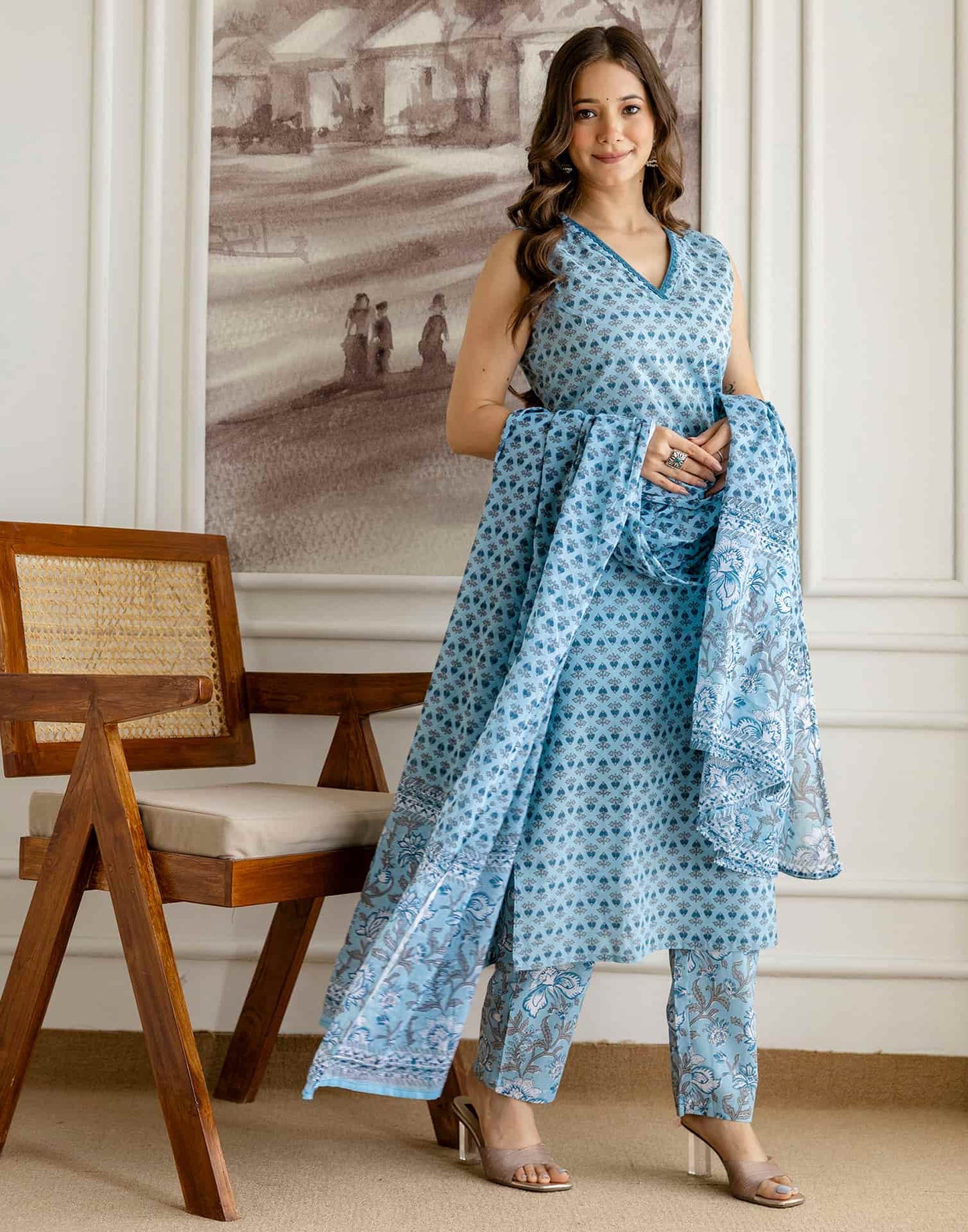 Cotton Printed Straight Kurta with Pant & Dupatta