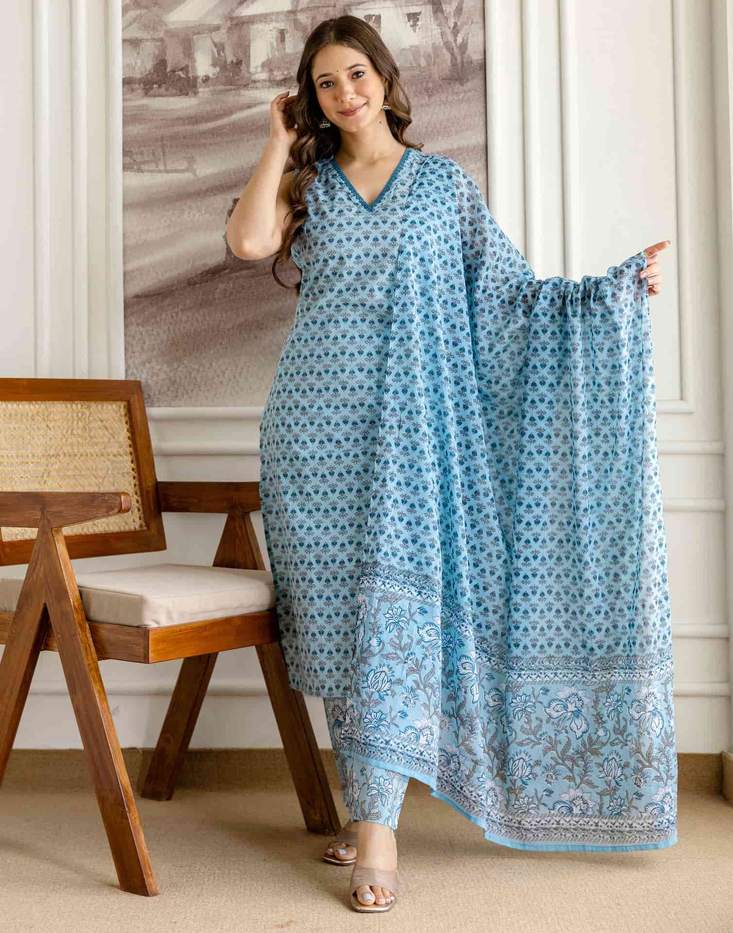 Cotton Printed Straight Kurta with Pant & Dupatta