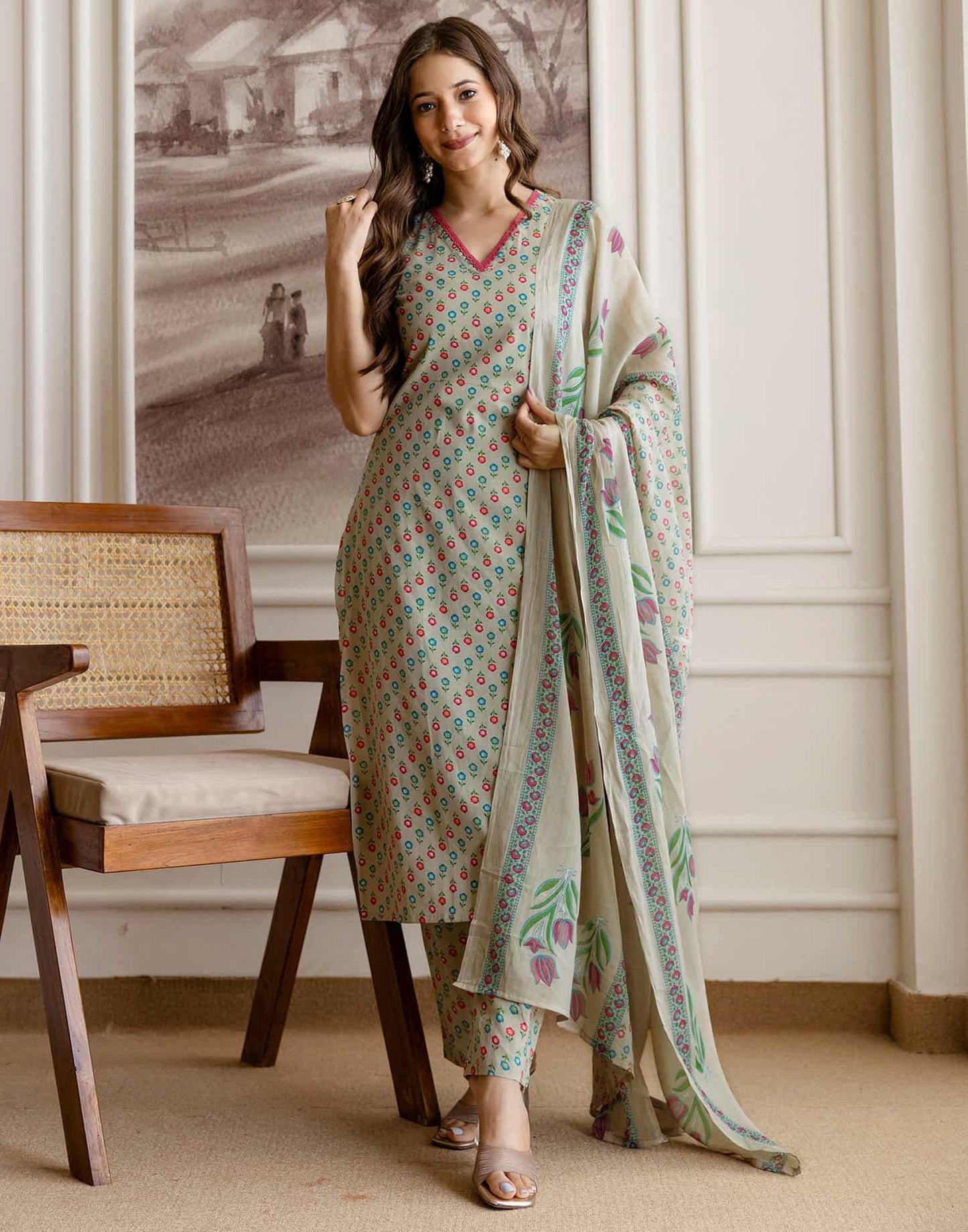 Cotton Printed Straight Kurta with Pant & Dupatta