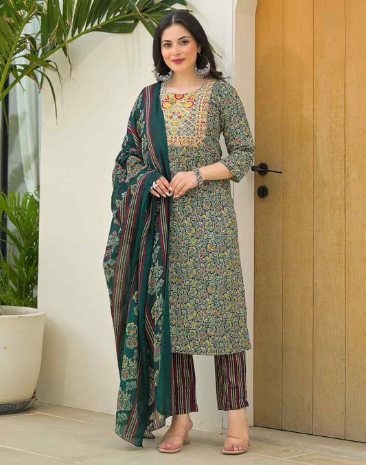 Dark Green Cotton Printed Straight Kurta Set with Pant & Dupatta under 999