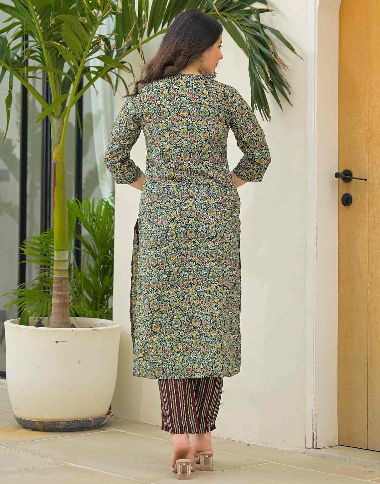 Dark Green Cotton Printed Straight Kurta Set with Pant & Dupatta under 999