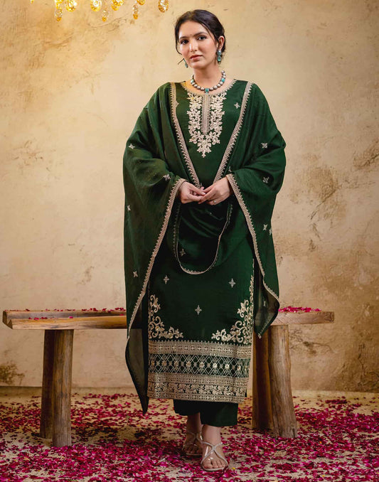 Silk Straight Embroidery Round Neck Kurta with Pant & Dupatta