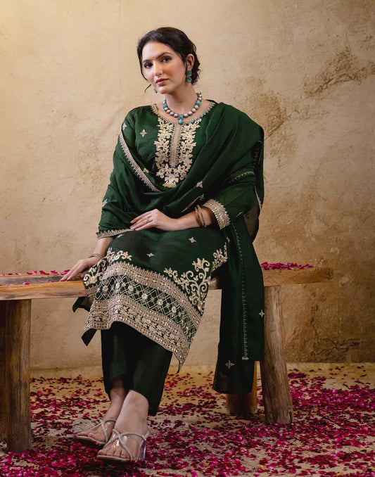 Silk Straight Embroidery Round Neck Kurta with Pant & Dupatta
