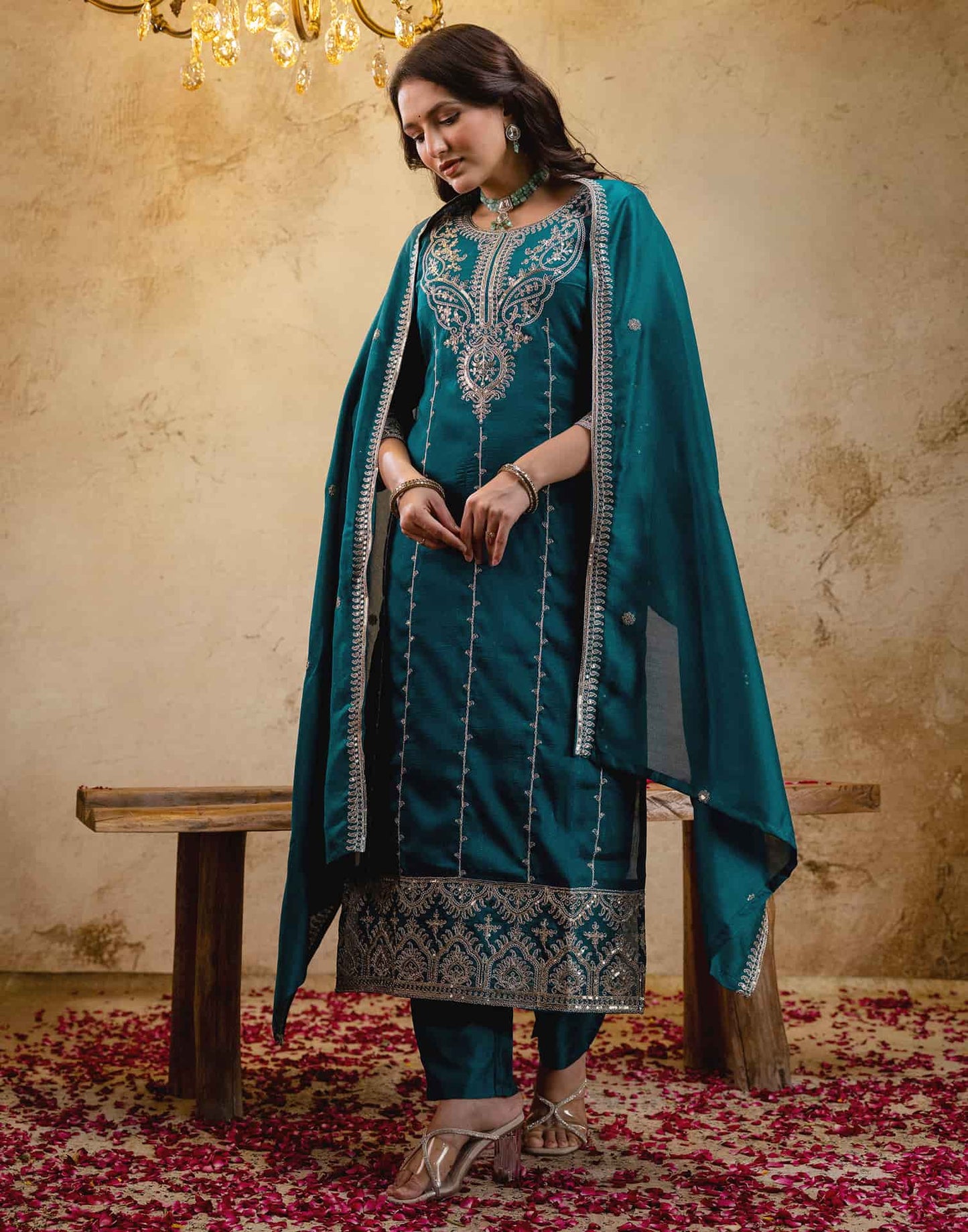 Silk Embroidered Straight Kurta with Pant & Dupatta