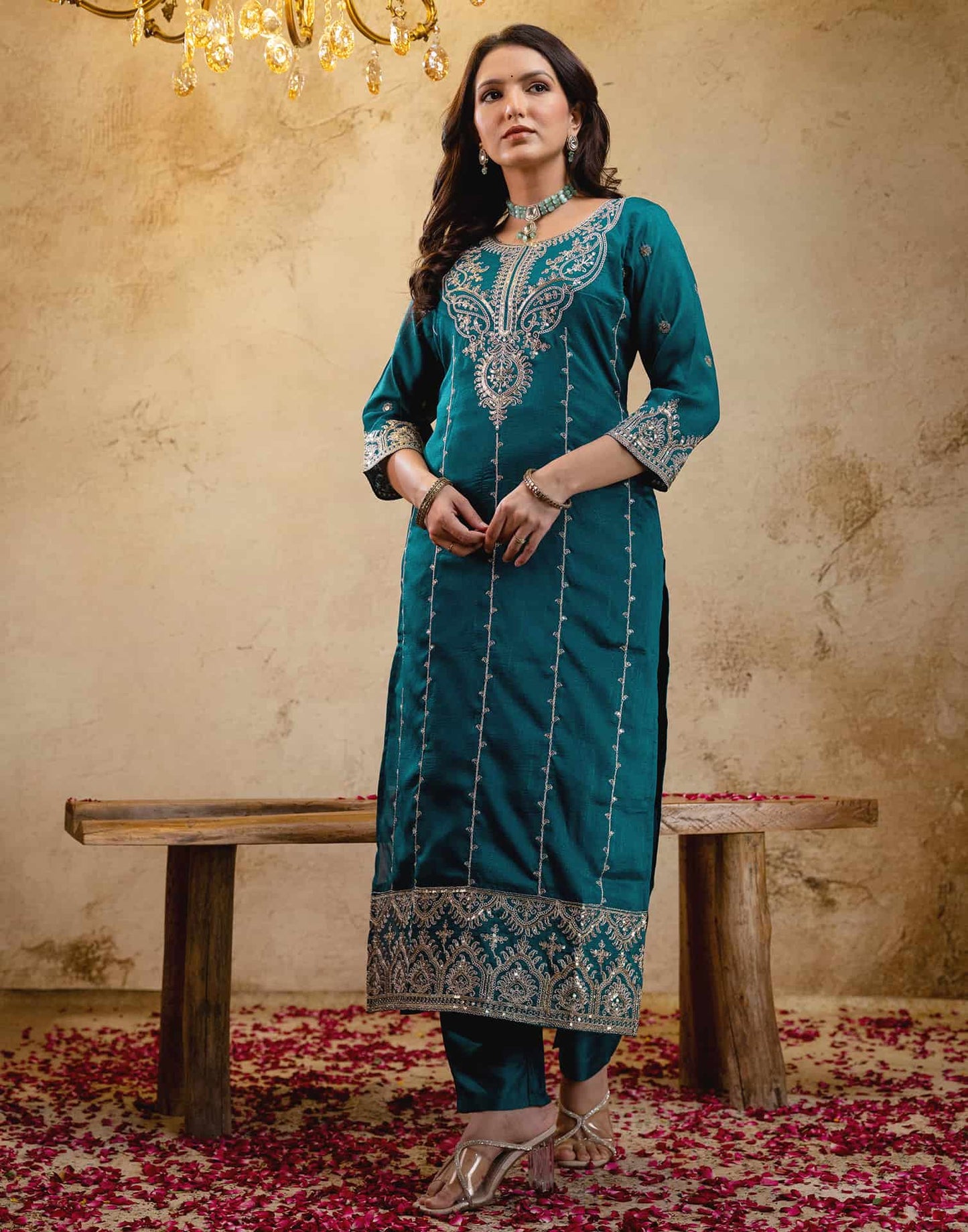 Silk Embroidered Straight Kurta with Pant & Dupatta