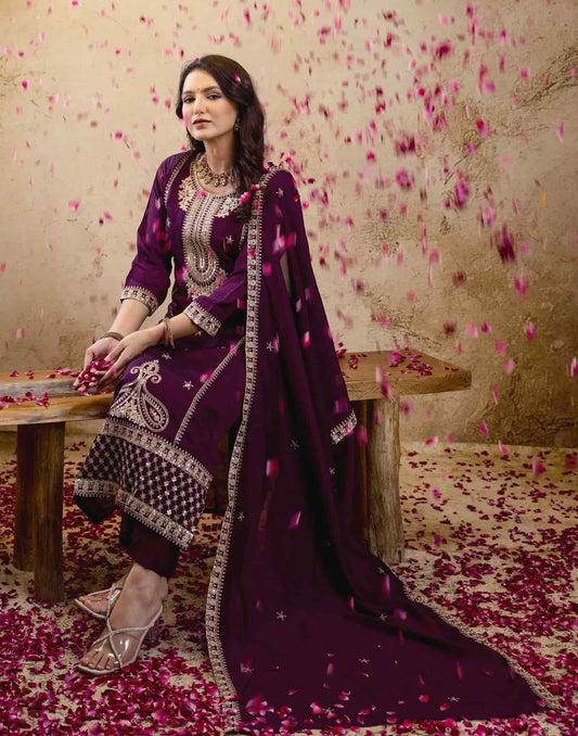 Silk Embroidered Straight Kurta with Pant & Dupatta