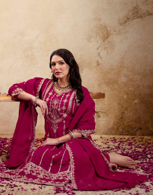 Pink Silk Embroidered Kurta Set with Pant & Dupatta