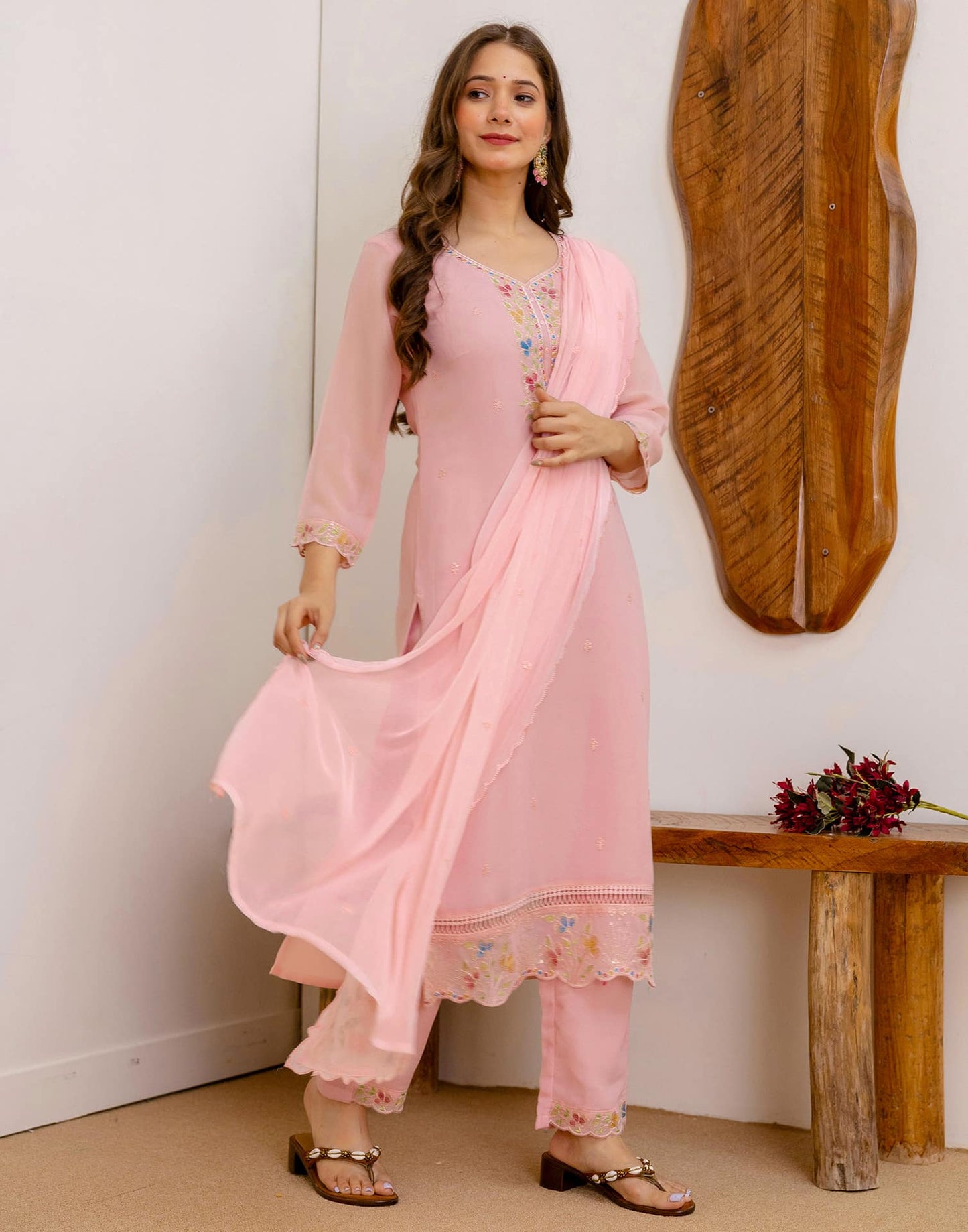Georgette Embroidered Straight Kurta with Pant & Dupatta