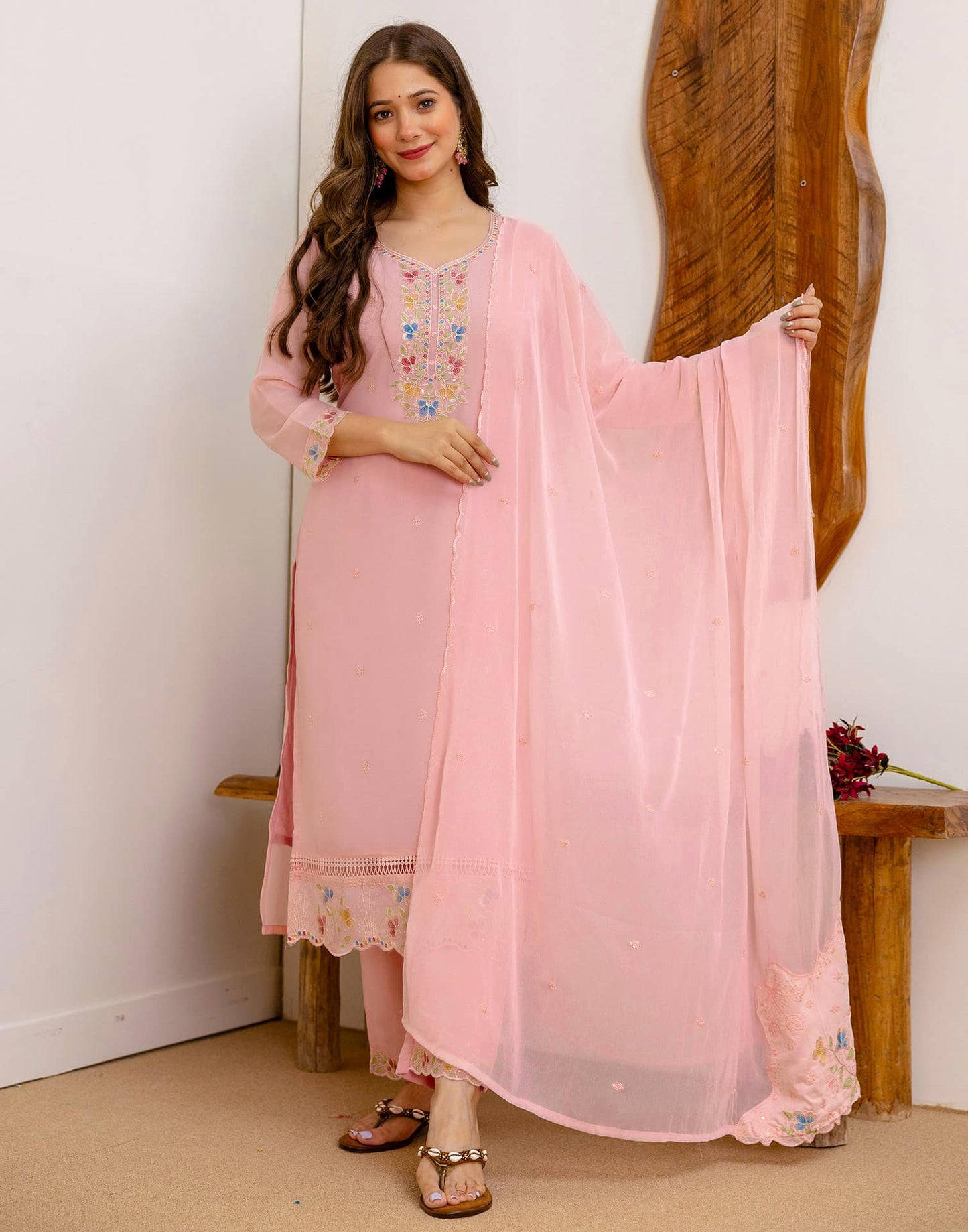 Georgette Embroidered Straight Kurta with Pant & Dupatta