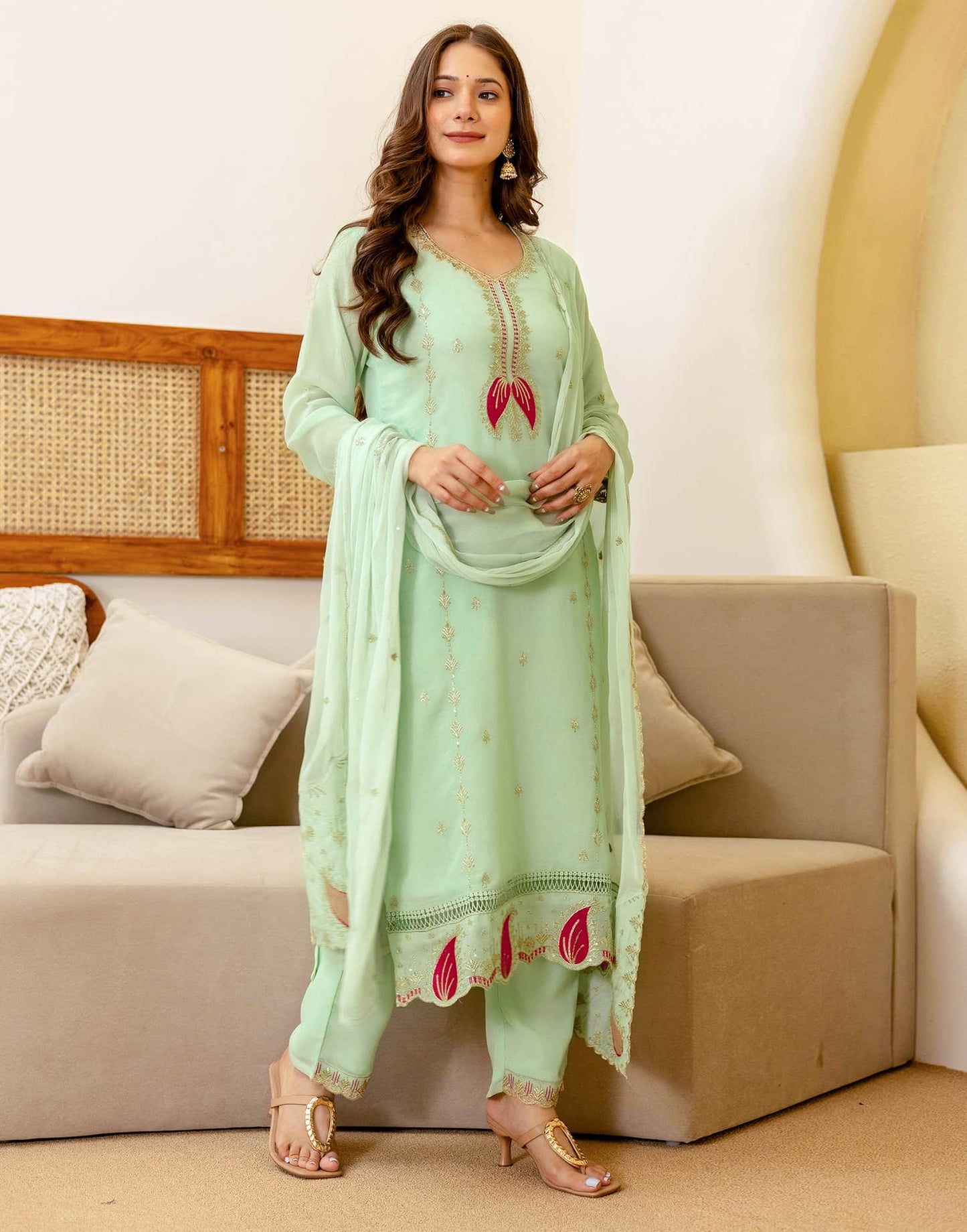 Georgette Embroidered Straight Kurta with Pant & Dupatta