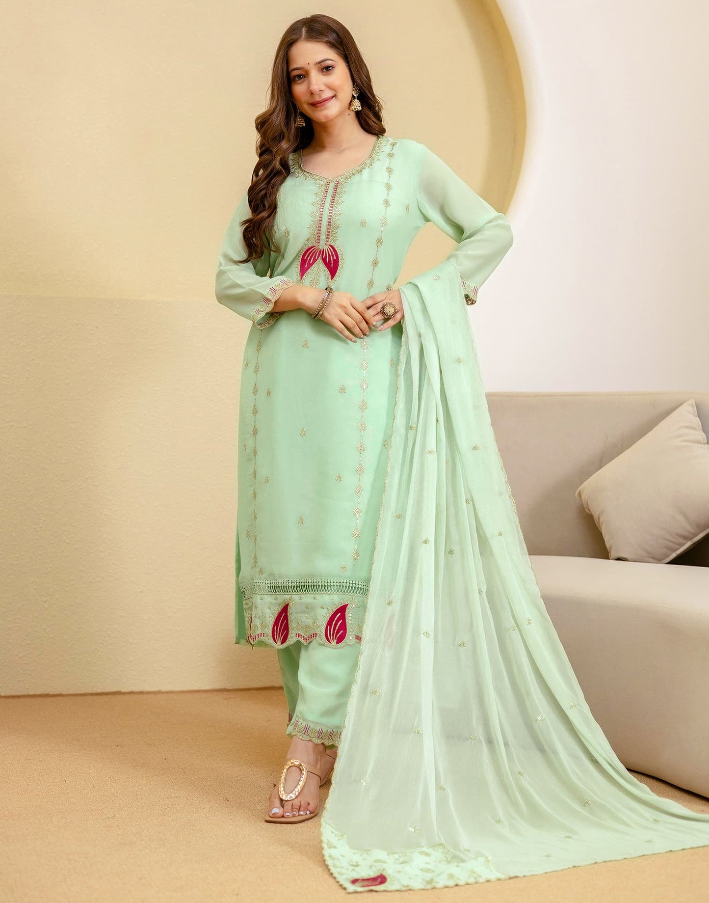 Georgette Embroidered Straight Kurta with Pant & Dupatta