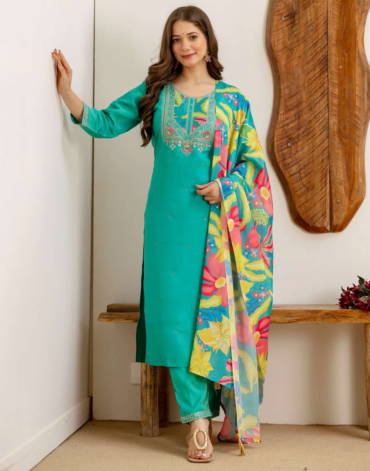Silk Embroidered Straight Kurta with Pant & Dupatta
