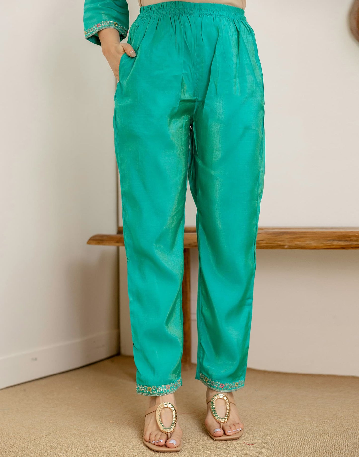 Silk Embroidered Straight Kurta with Pant & Dupatta