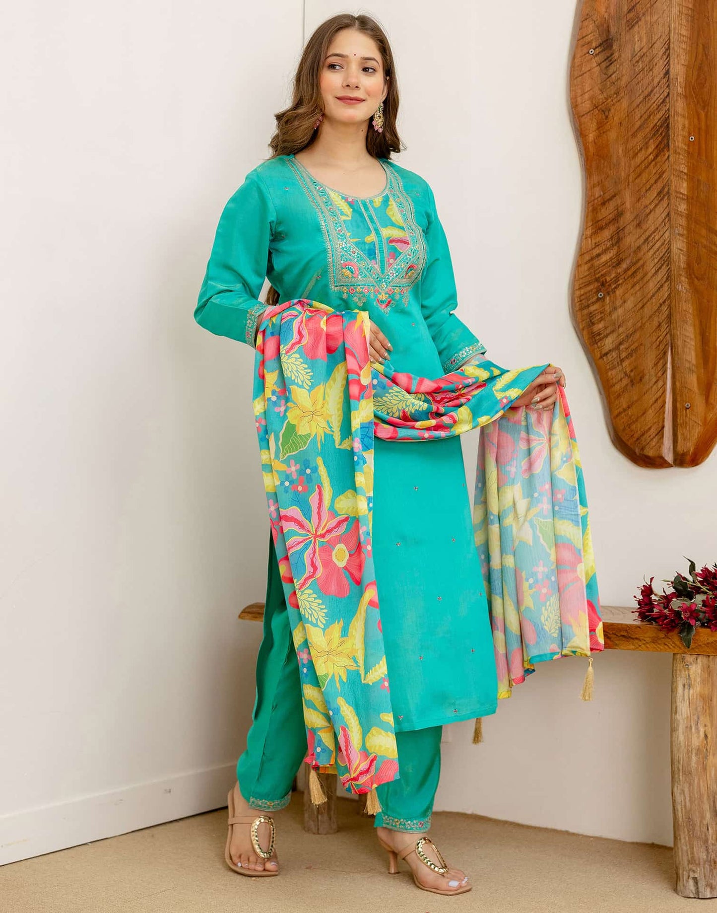 Silk Embroidered Straight Kurta with Pant & Dupatta