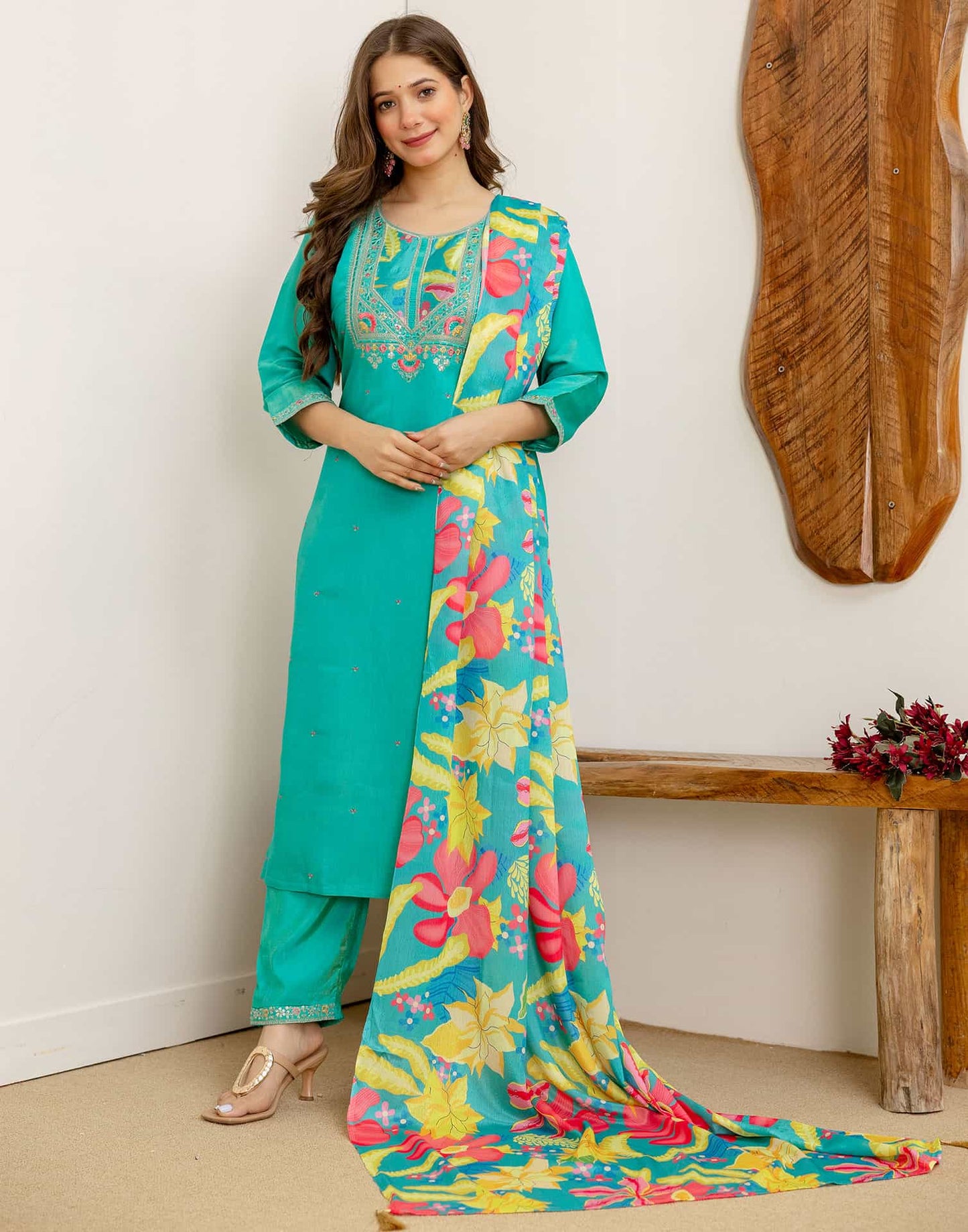 Silk Embroidered Straight Kurta with Pant & Dupatta