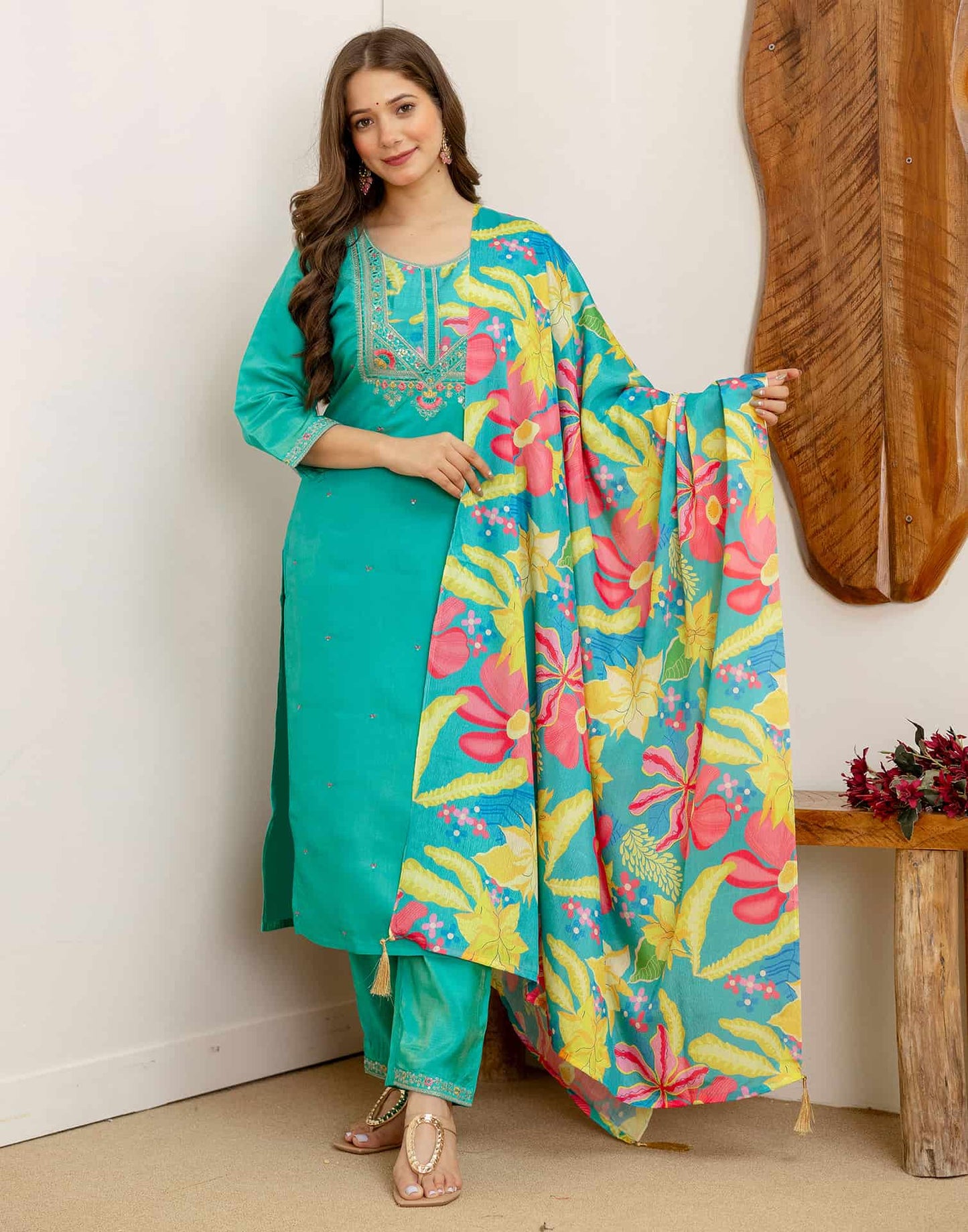 Silk Embroidered Straight Kurta with Pant & Dupatta