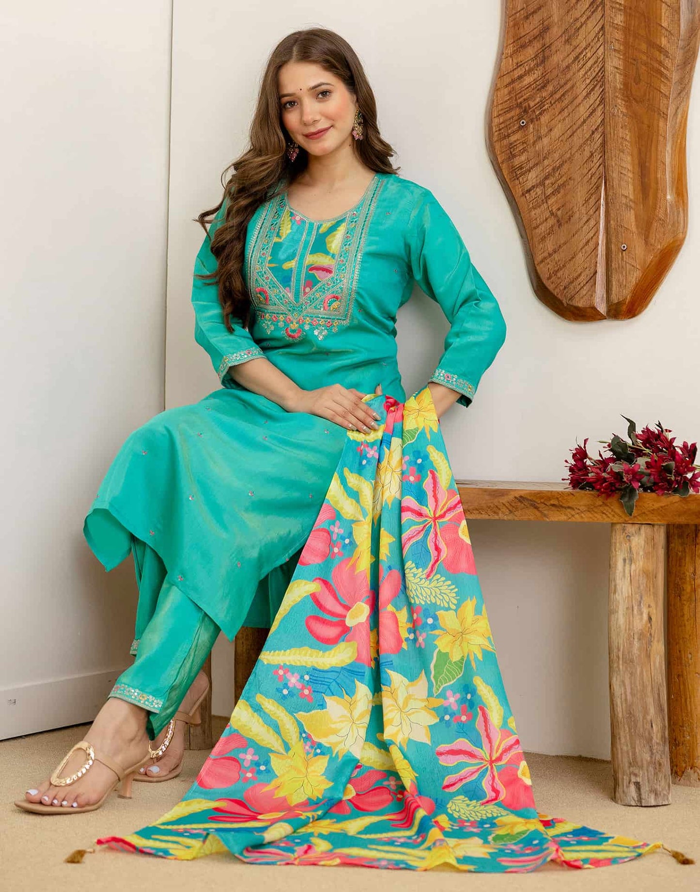Silk Embroidered Straight Kurta with Pant & Dupatta