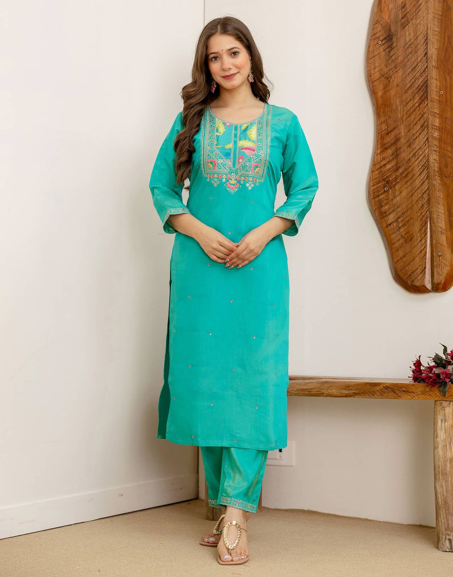 Silk Embroidered Straight Kurta with Pant & Dupatta