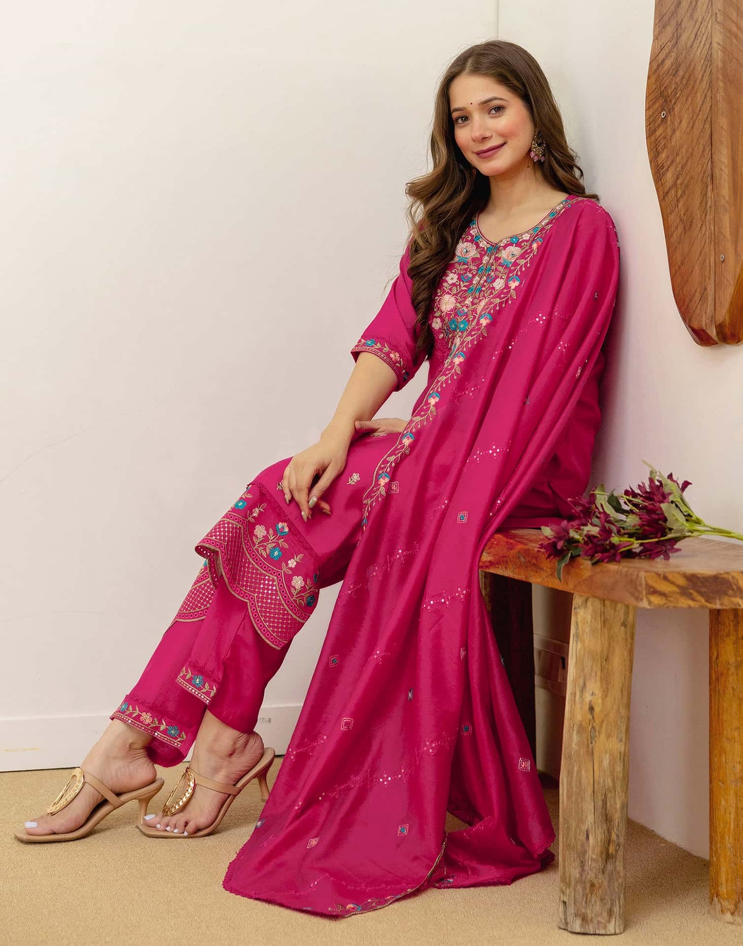 Silk Embroidered Straight Kurta with Pant & Dupatta