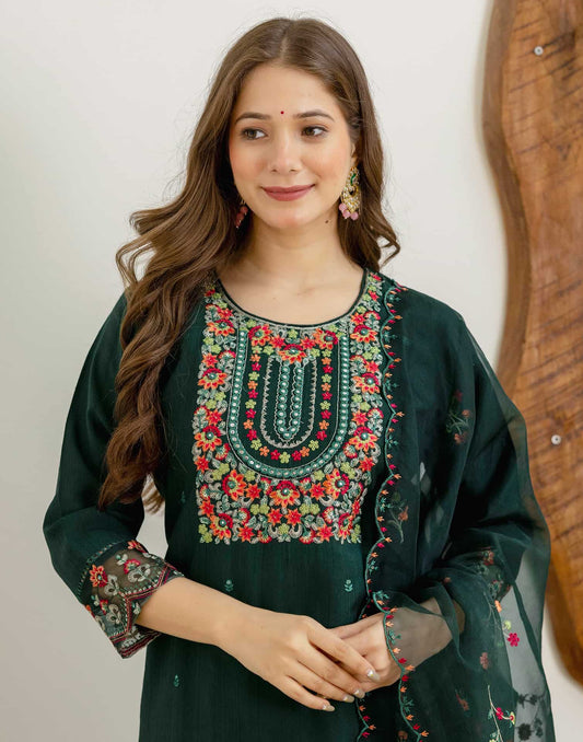 Dark Green Silk Embroidered Kurta Set with Pant and Dupatta for Diwali
