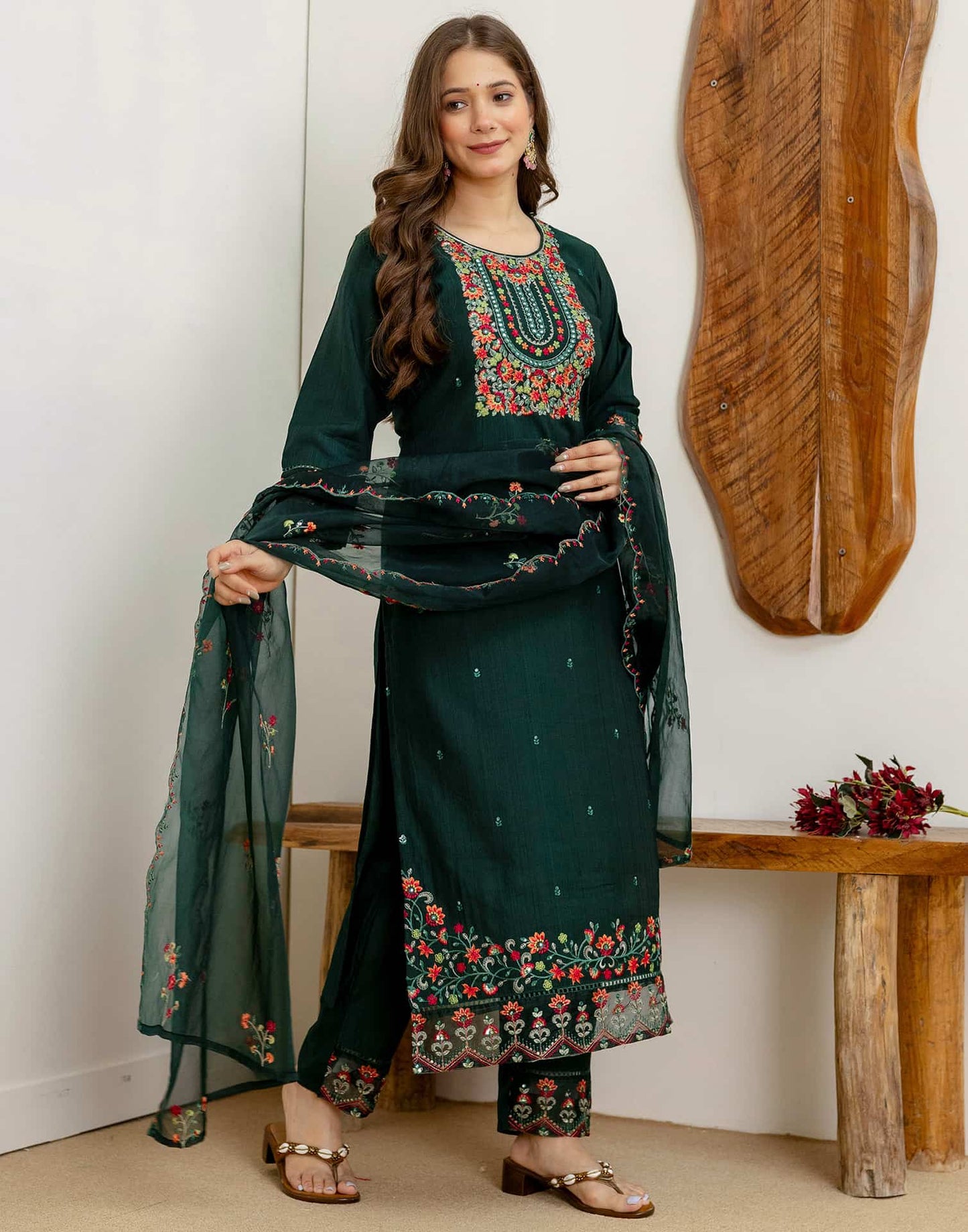 Silk Embroidered Straight Kurta with Pant & Dupatta