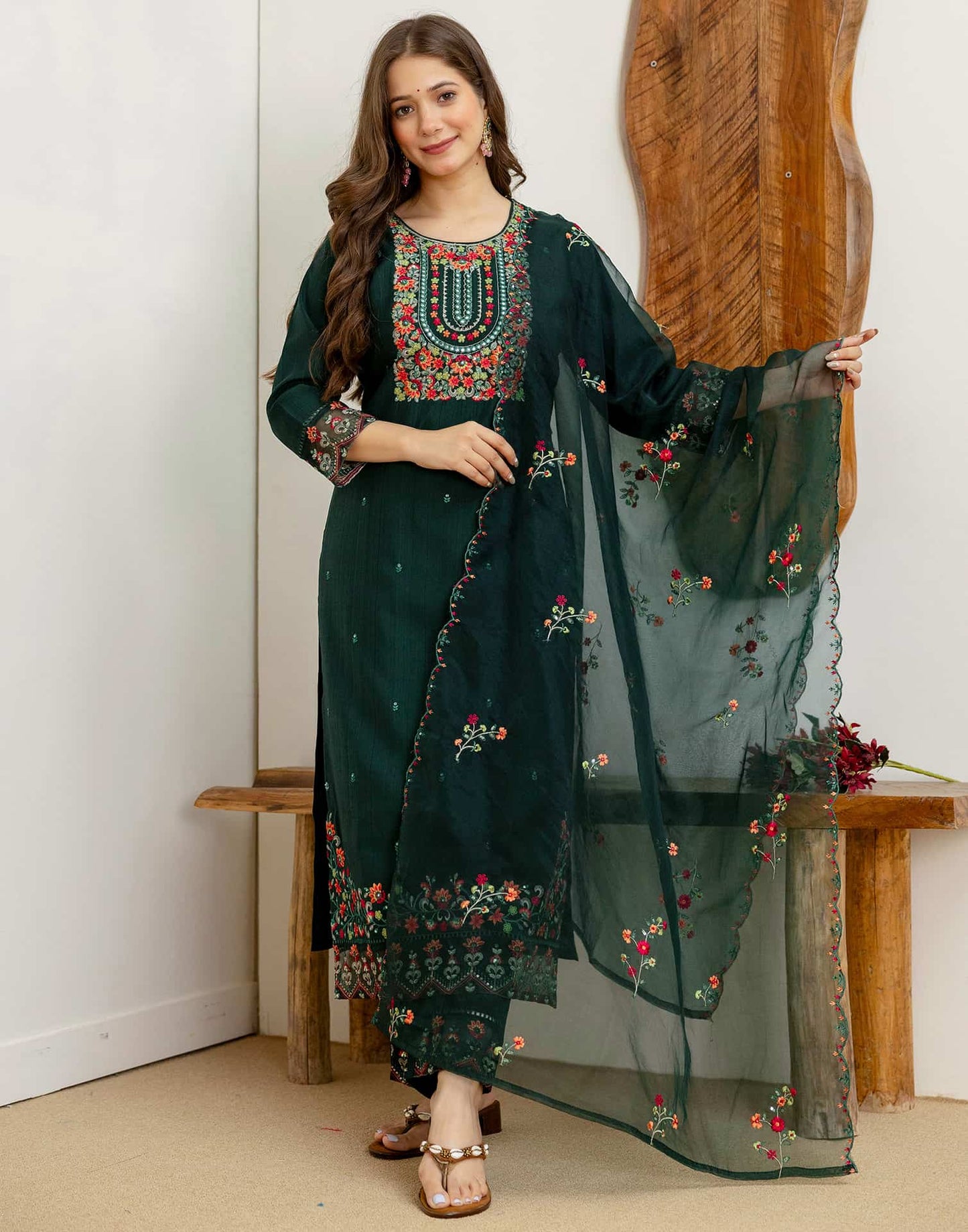 Silk Embroidered Straight Kurta with Pant & Dupatta