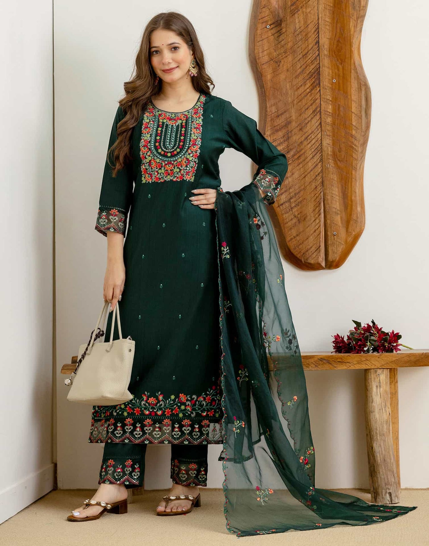 Silk Embroidered Straight Kurta with Pant & Dupatta