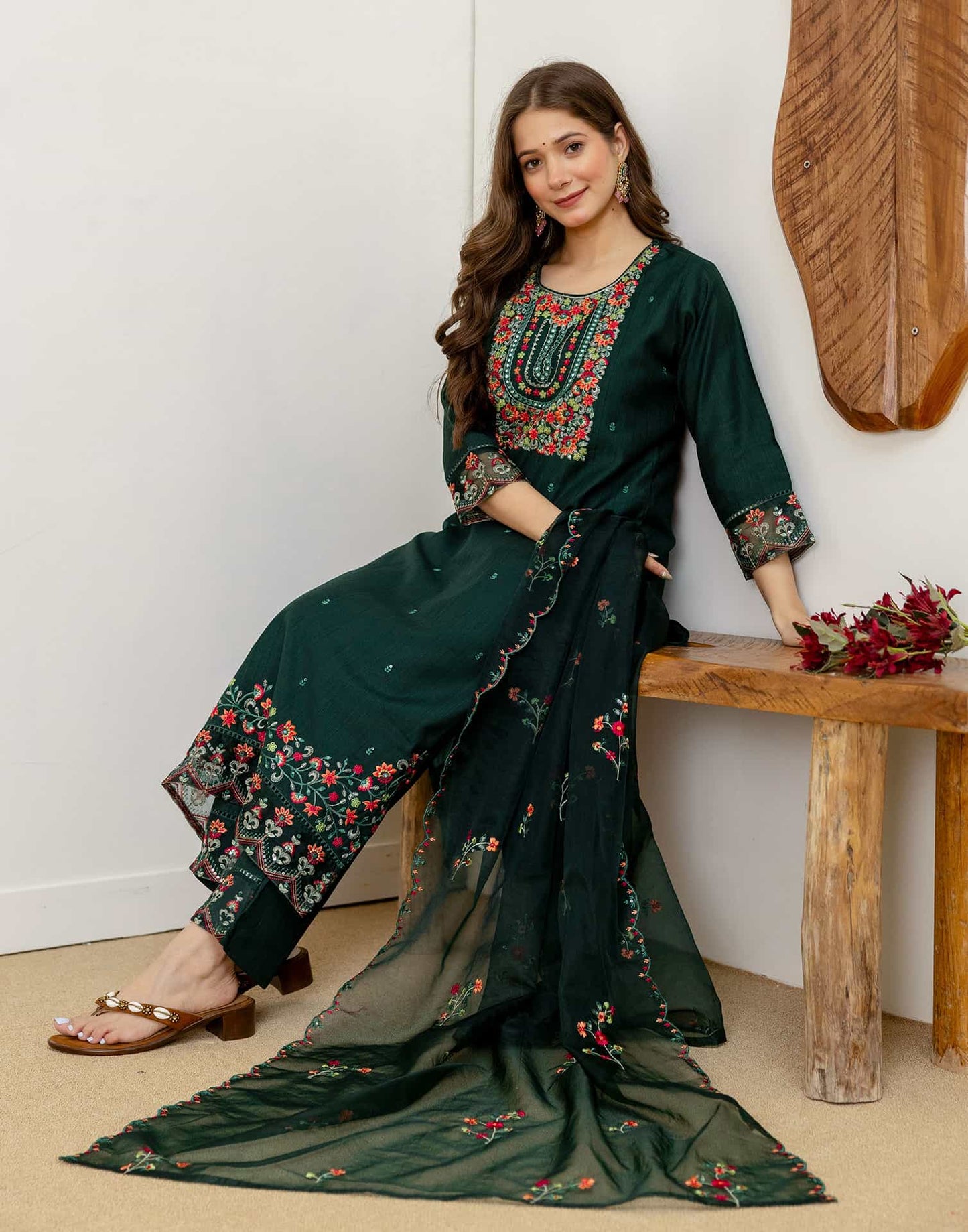 Silk Embroidered Straight Kurta with Pant & Dupatta