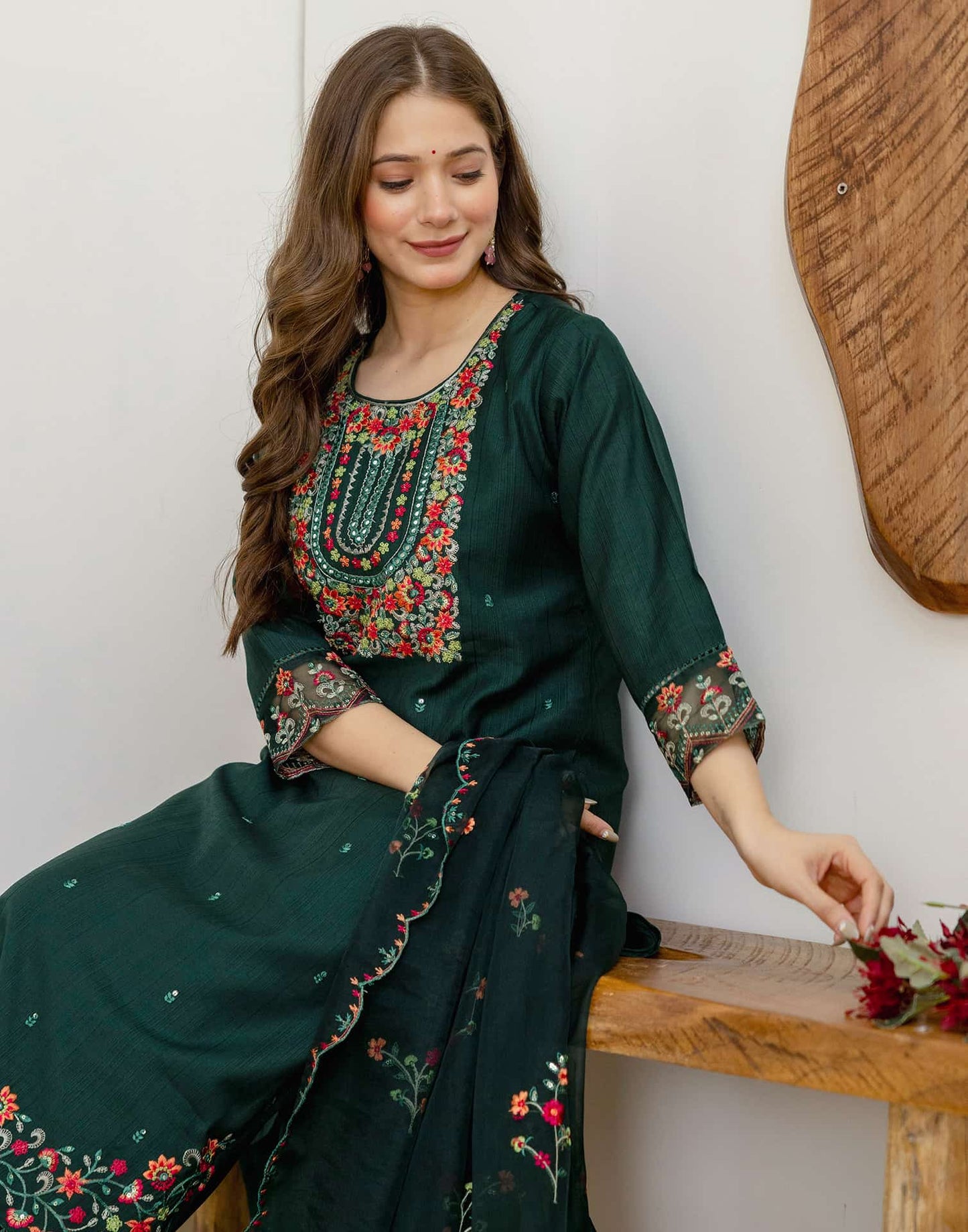 Silk Embroidered Straight Kurta with Pant & Dupatta