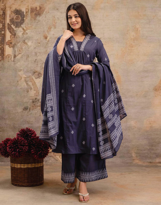 Purple Cotton Printed A-Line V-Neck Kurta Set with Pant & Dupatta Affordable Ethnic & Festival Wear