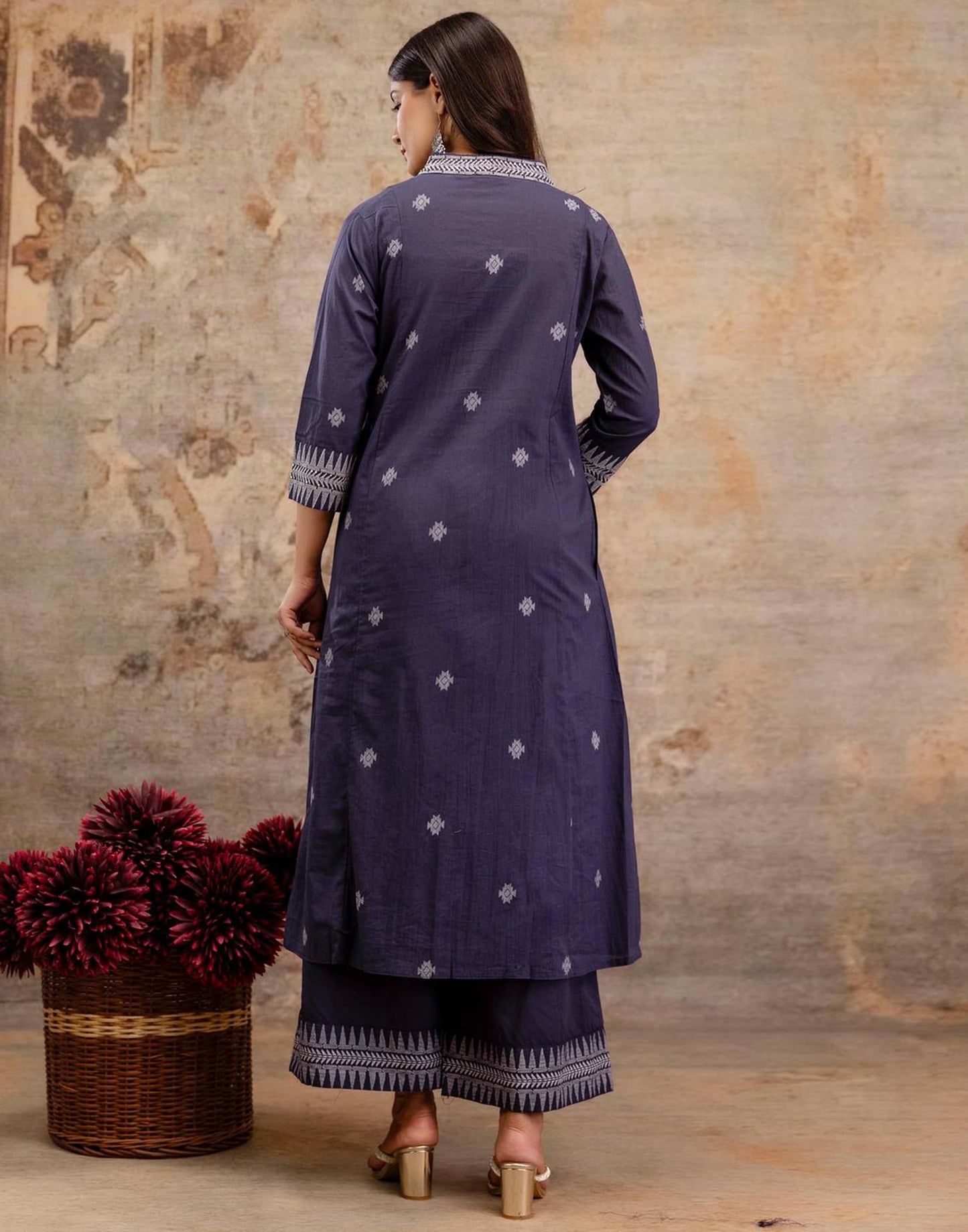 Purple Cotton Printed A-Line V-Neck Kurta Set with Pant & Dupatta Affordable Ethnic & Festival Wear