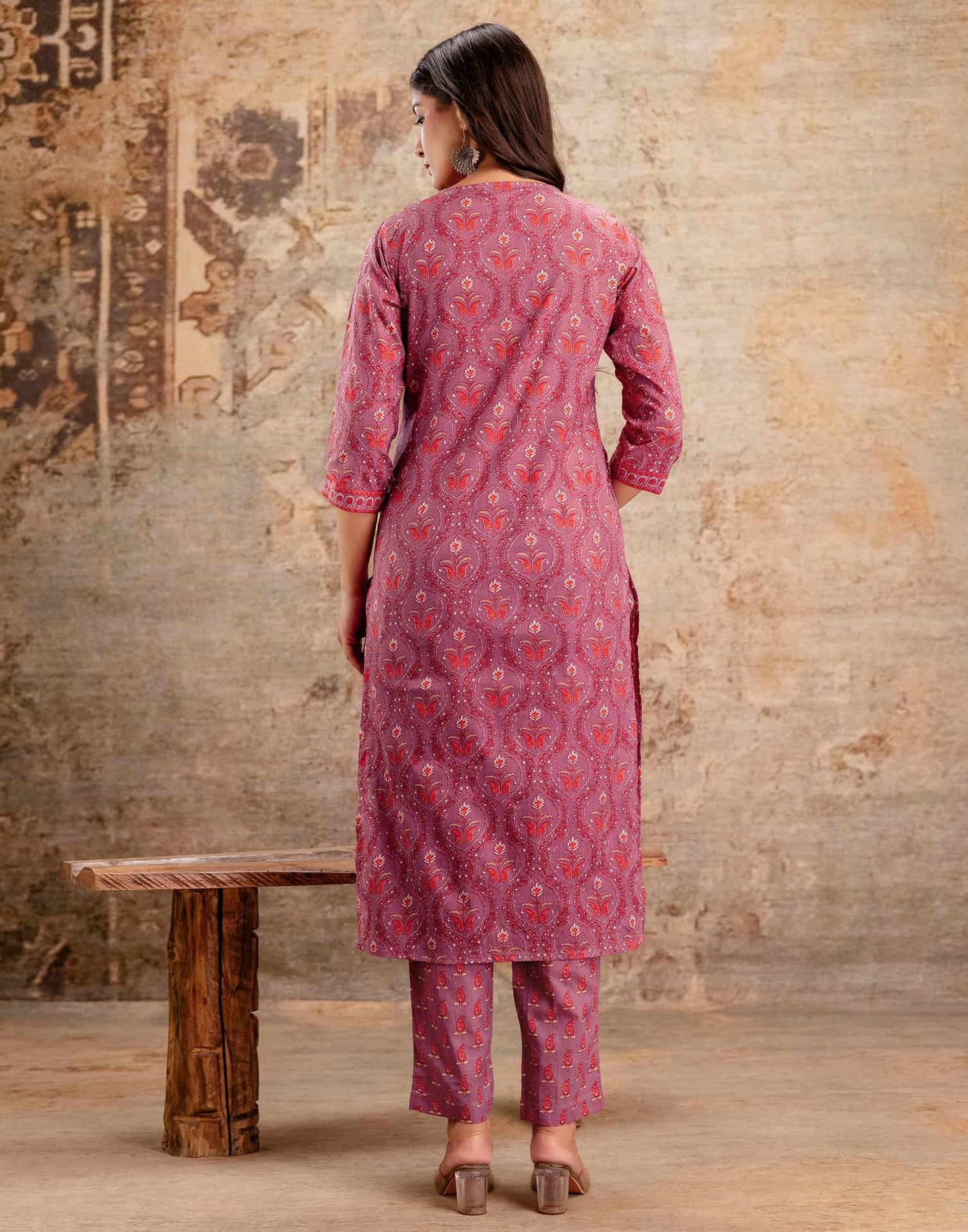 Purple Cotton Printed V-Neck Kurta Set with Pant & Dupatta Affordable Ethnic & Casual Wear