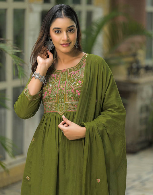 Cotton Embroidered A-line Kurta with Pant & Dupatta