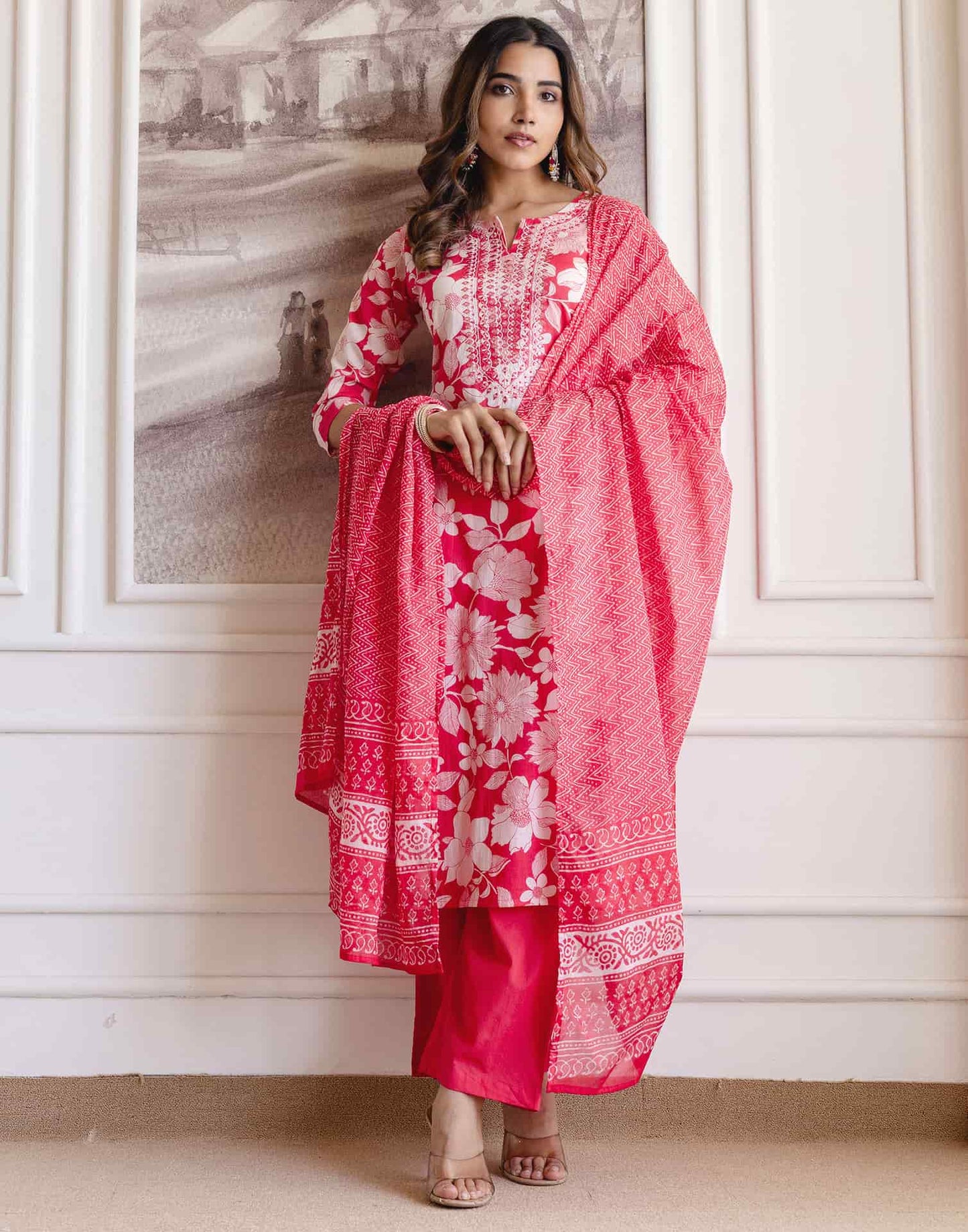 Cotton Printed Straight Kurta with Pant & Dupatta