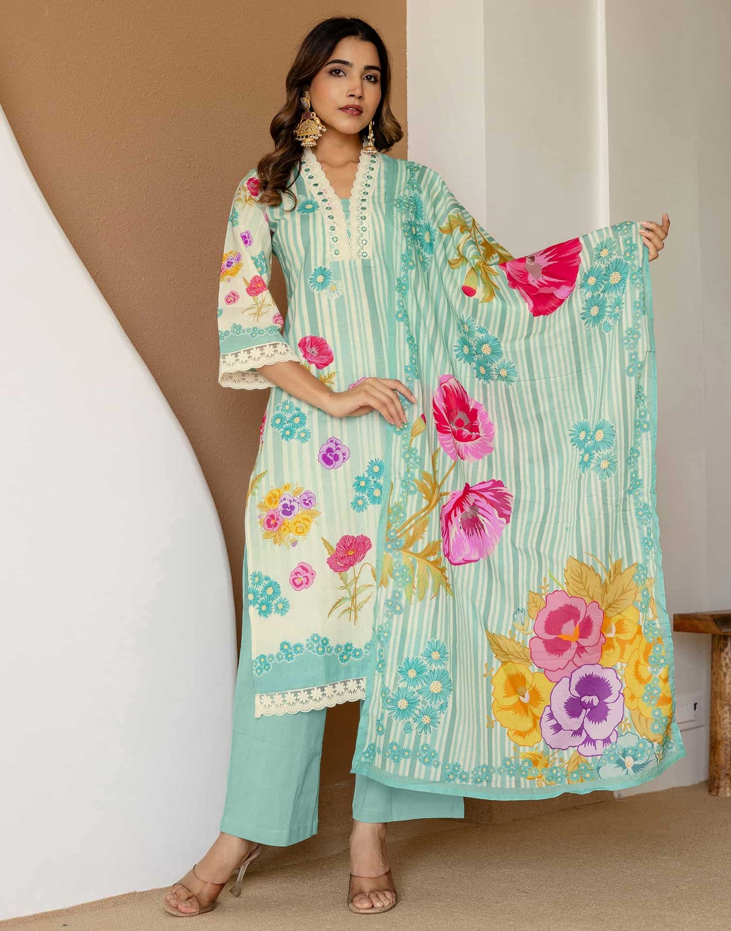 Cotton Printed Straight Kurta with Pant & Dupatta