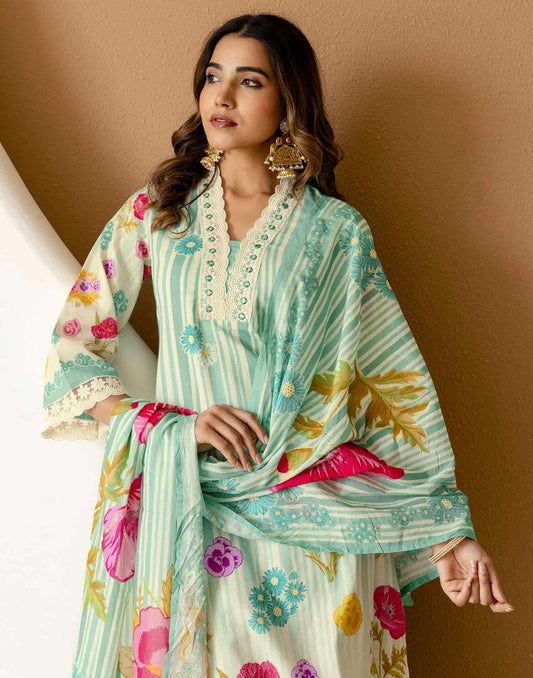 Green Cotton Printed Straight Kurta Set with Pant & Dupatta V-Neck Floral Kurti for Women