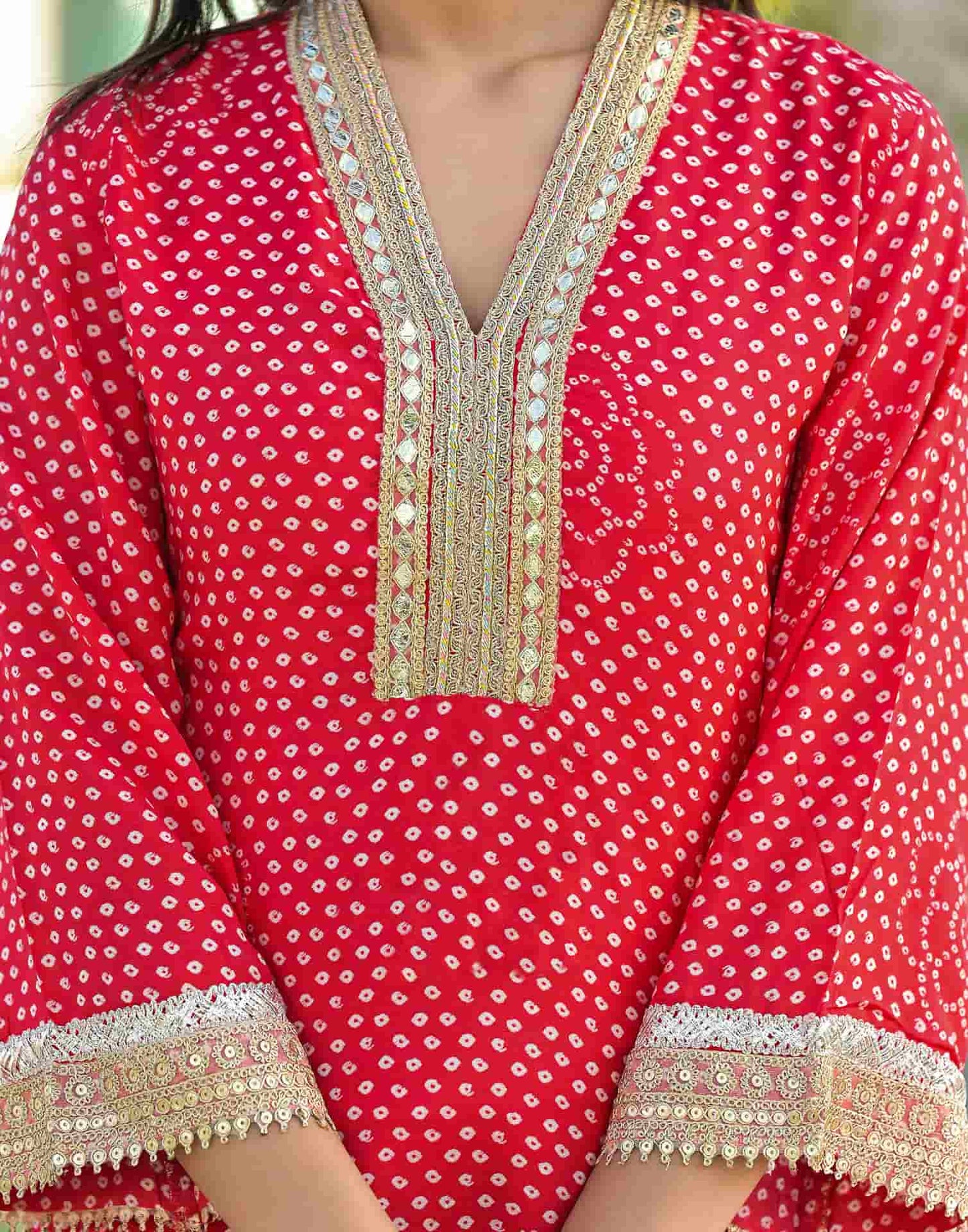 Red Silk Printed Straight Kurta Set with Pant & Dupatta V-Neck Ethnic Kurti for Festive Wear