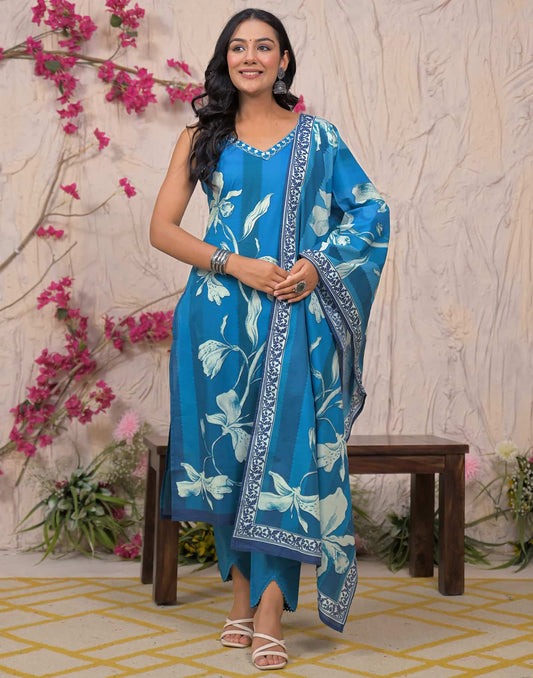 Blue Cotton Printed Straight Kurta Set with Pant & Dupatta V-Neck Casual & Office Wear for Women