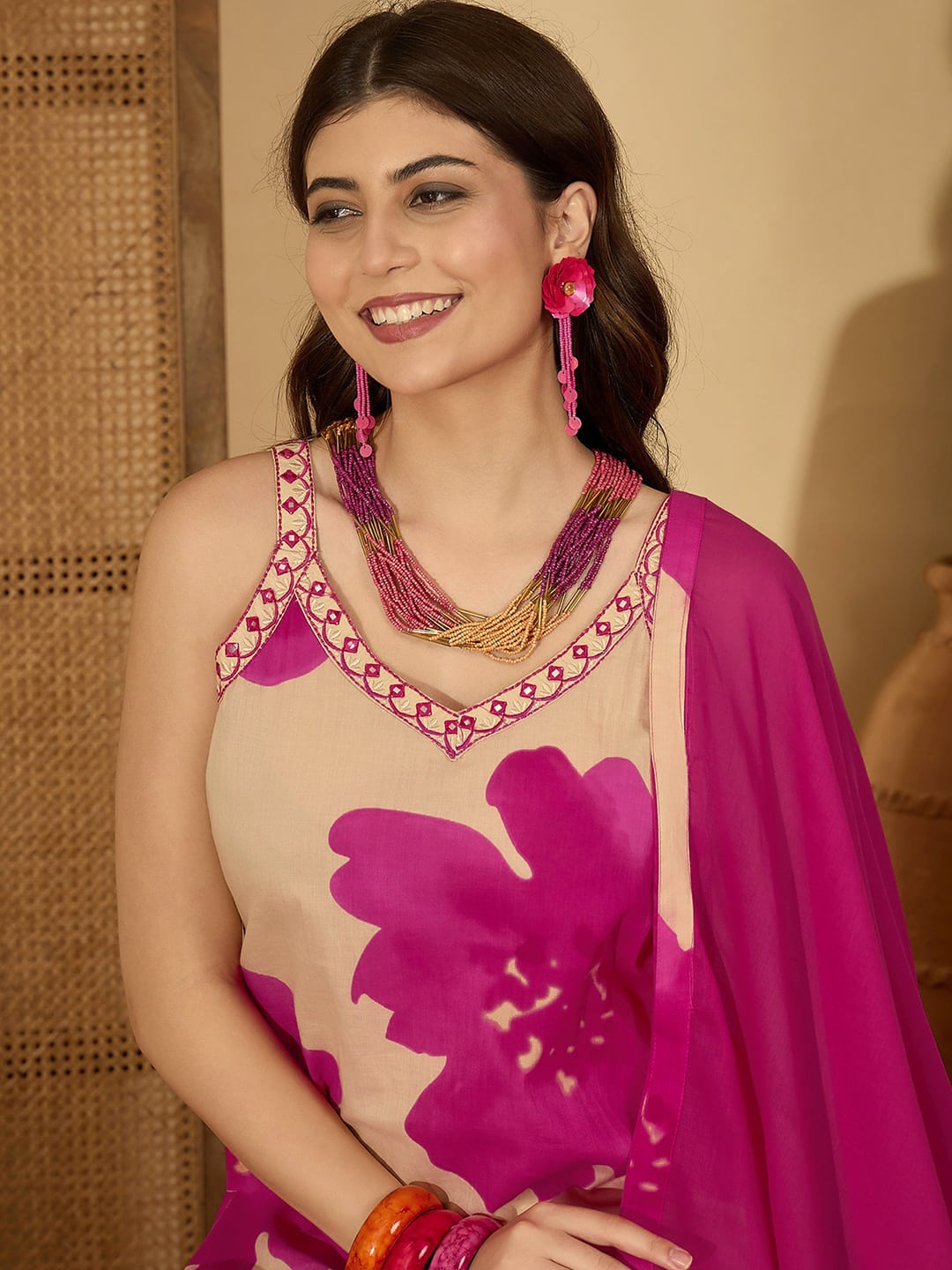 Pink Cotton Printed Straight Kurta Set with Pant & Dupatta V-Neck Casual & Office Wear for Women