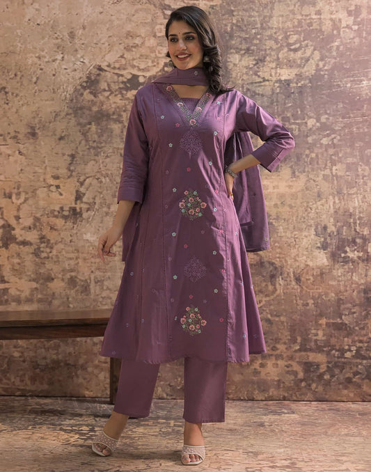 Purple Cotton Embroidered Anarkali Kurta Set with Dupatta V-Neck Casual & Office Wear for Women