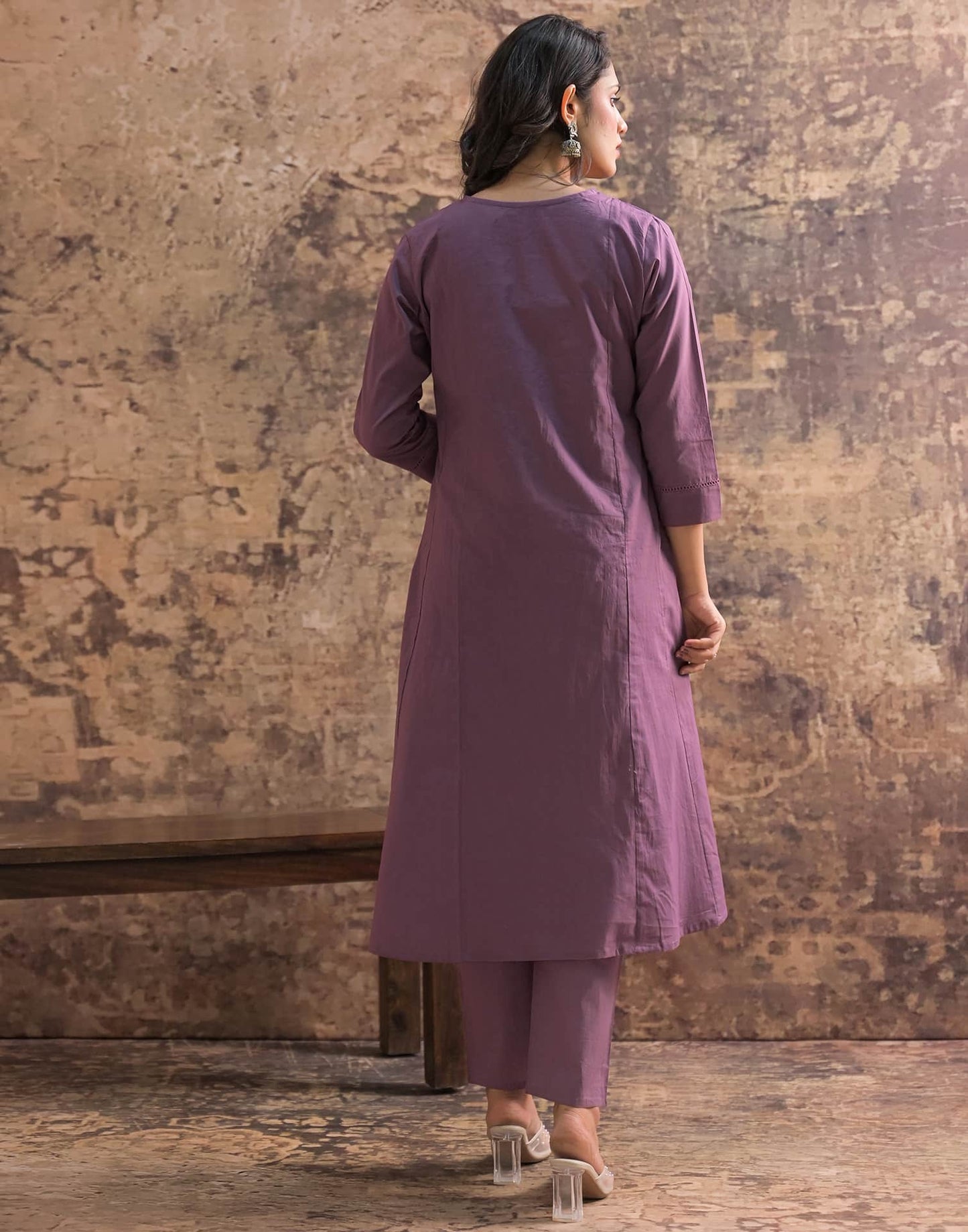 Purple Cotton Embroidered Anarkali Kurta Set with Dupatta V-Neck Casual & Office Wear for Women