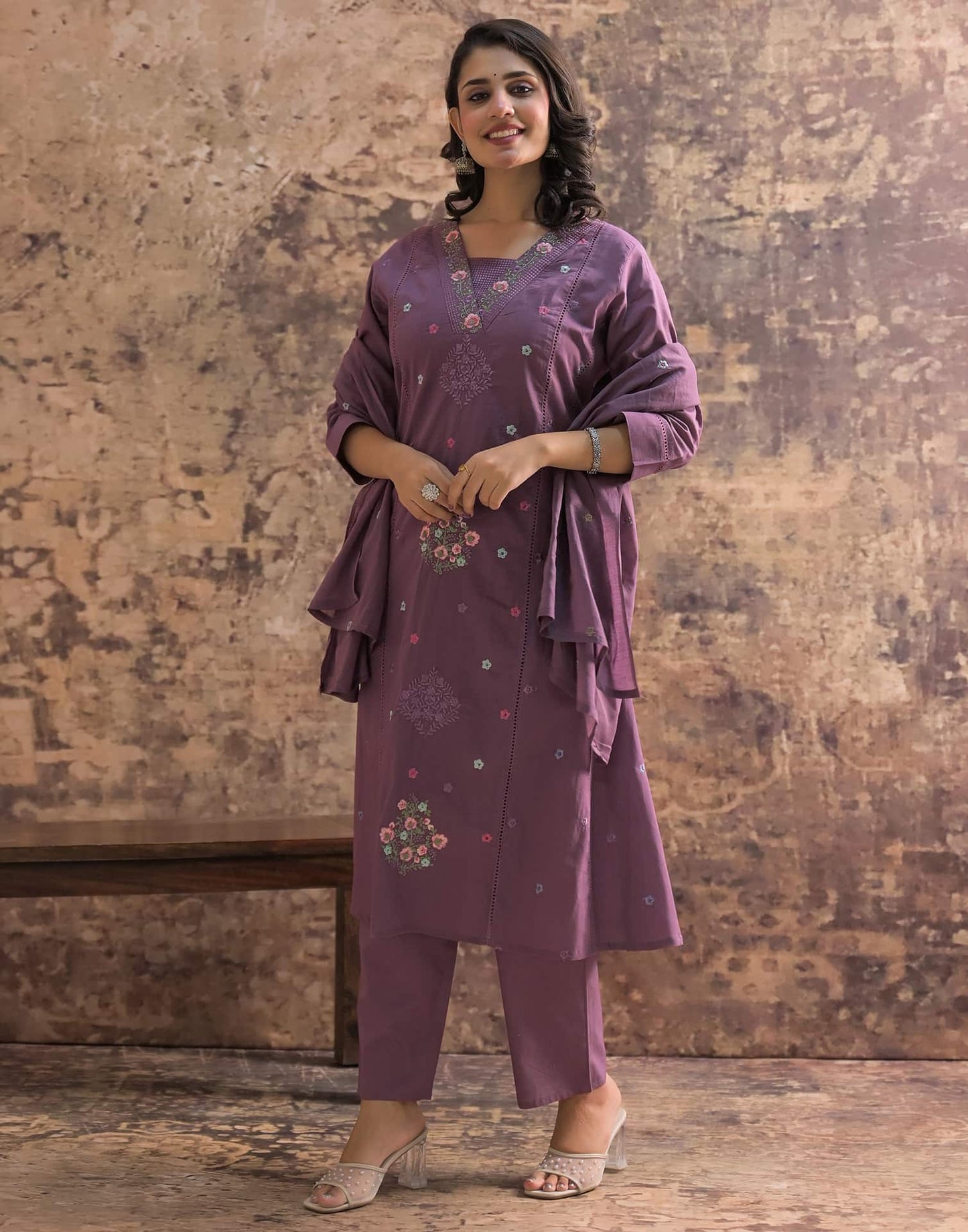 Purple Cotton Embroidered Anarkali Kurta Set with Dupatta V-Neck Casual & Office Wear for Women