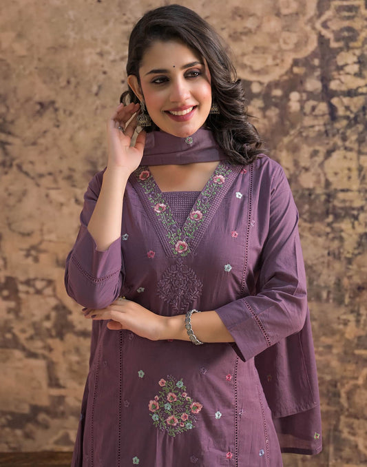 Purple Cotton Embroidered Anarkali Kurta Set with Dupatta V-Neck Casual & Office Wear for Women