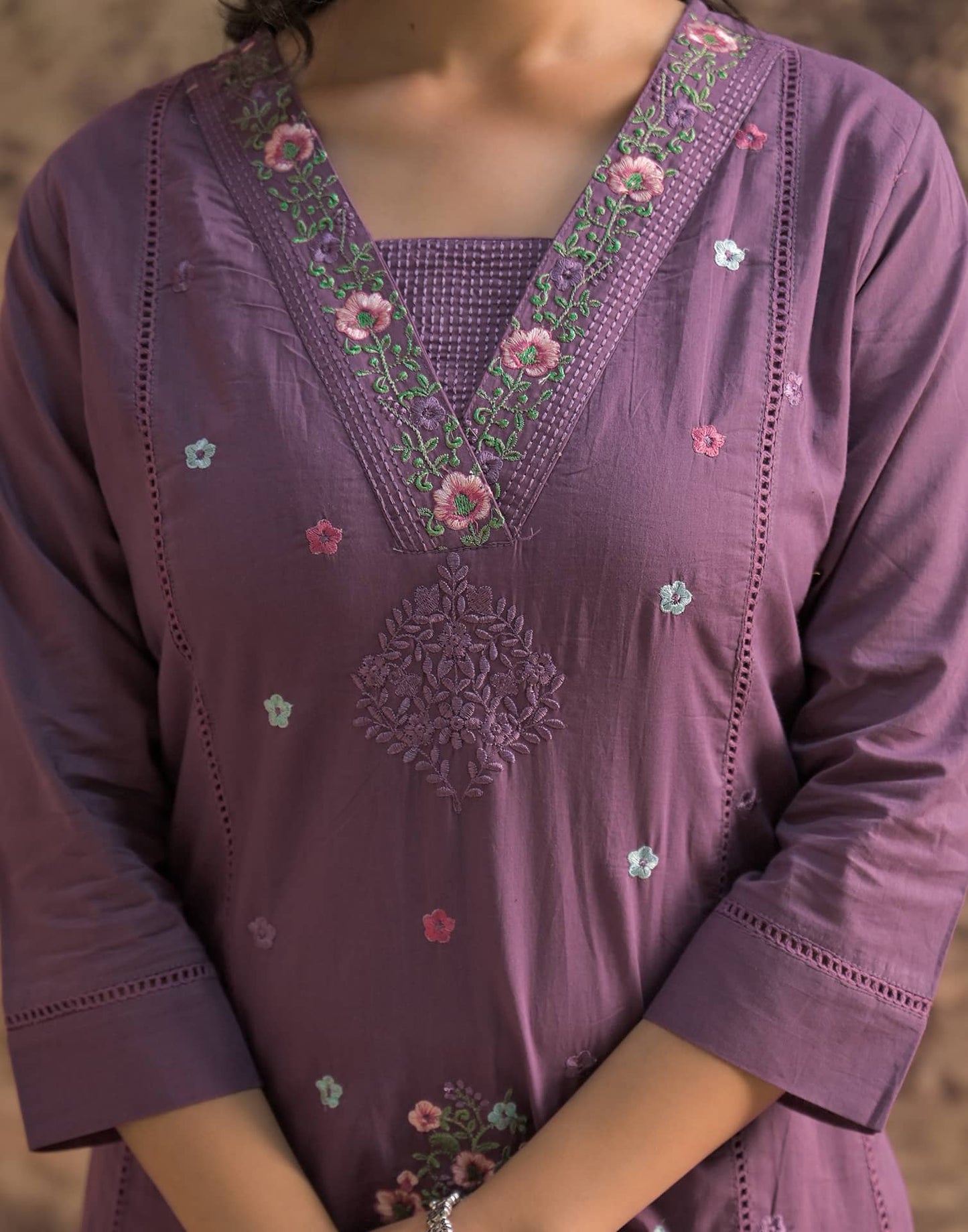 Purple Cotton Embroidered Anarkali Kurta Set with Dupatta V-Neck Casual & Office Wear for Women