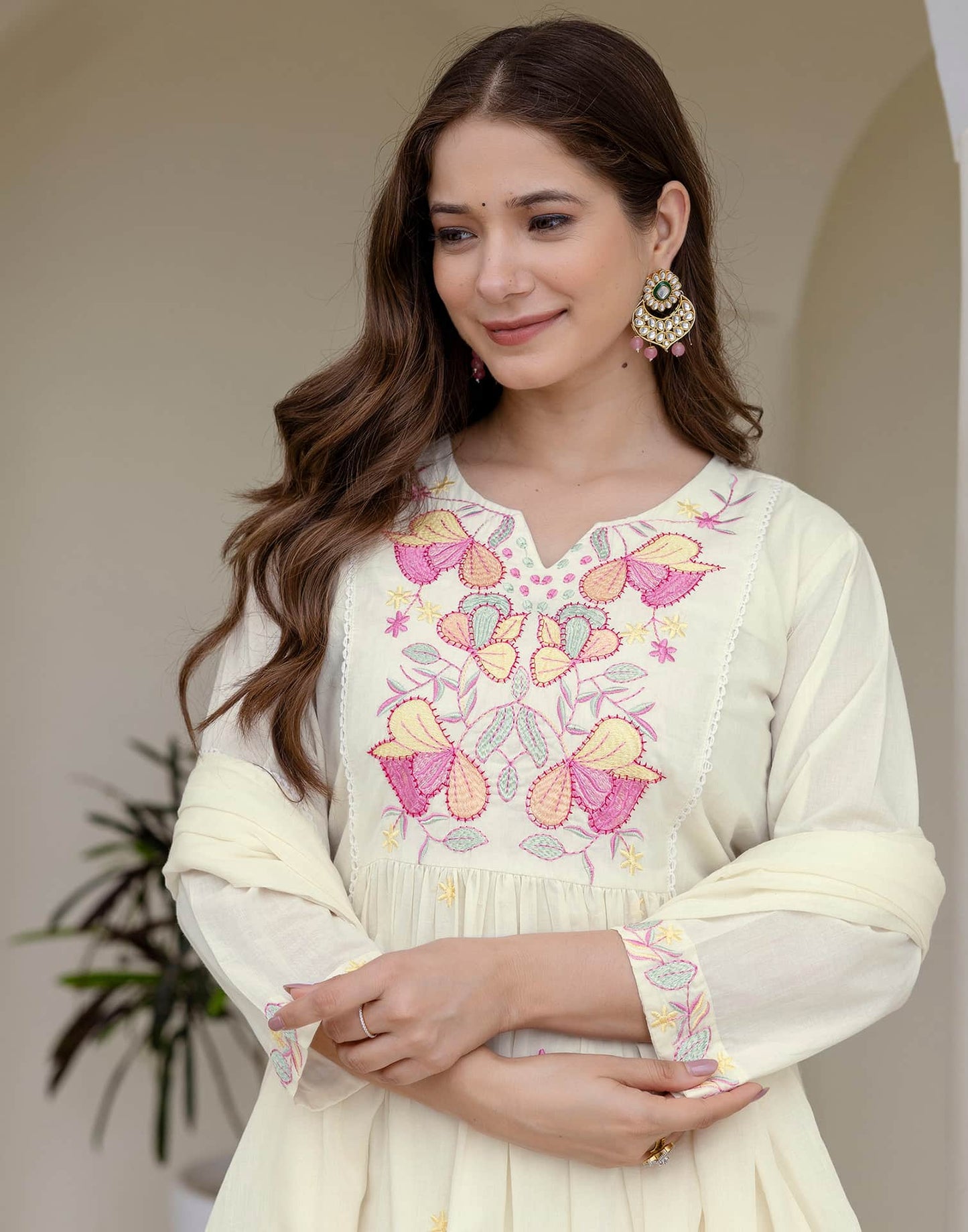 Cotton Embroidered A-line Kurta with Pant & Dupatta