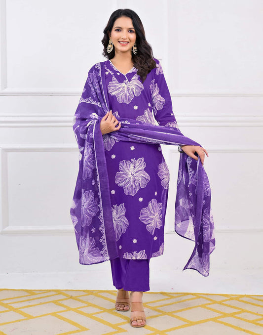 Cotton Straight Printed V-Neck Kurta with Pant & Dupatta