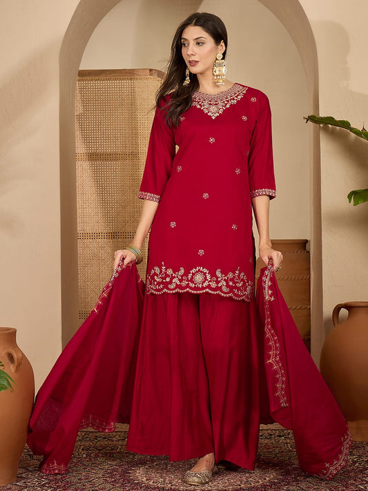 Maroon Silk Embroidered Kurta Set with Dupatta Round Neck Ethnic Wear for Karwa Chauth